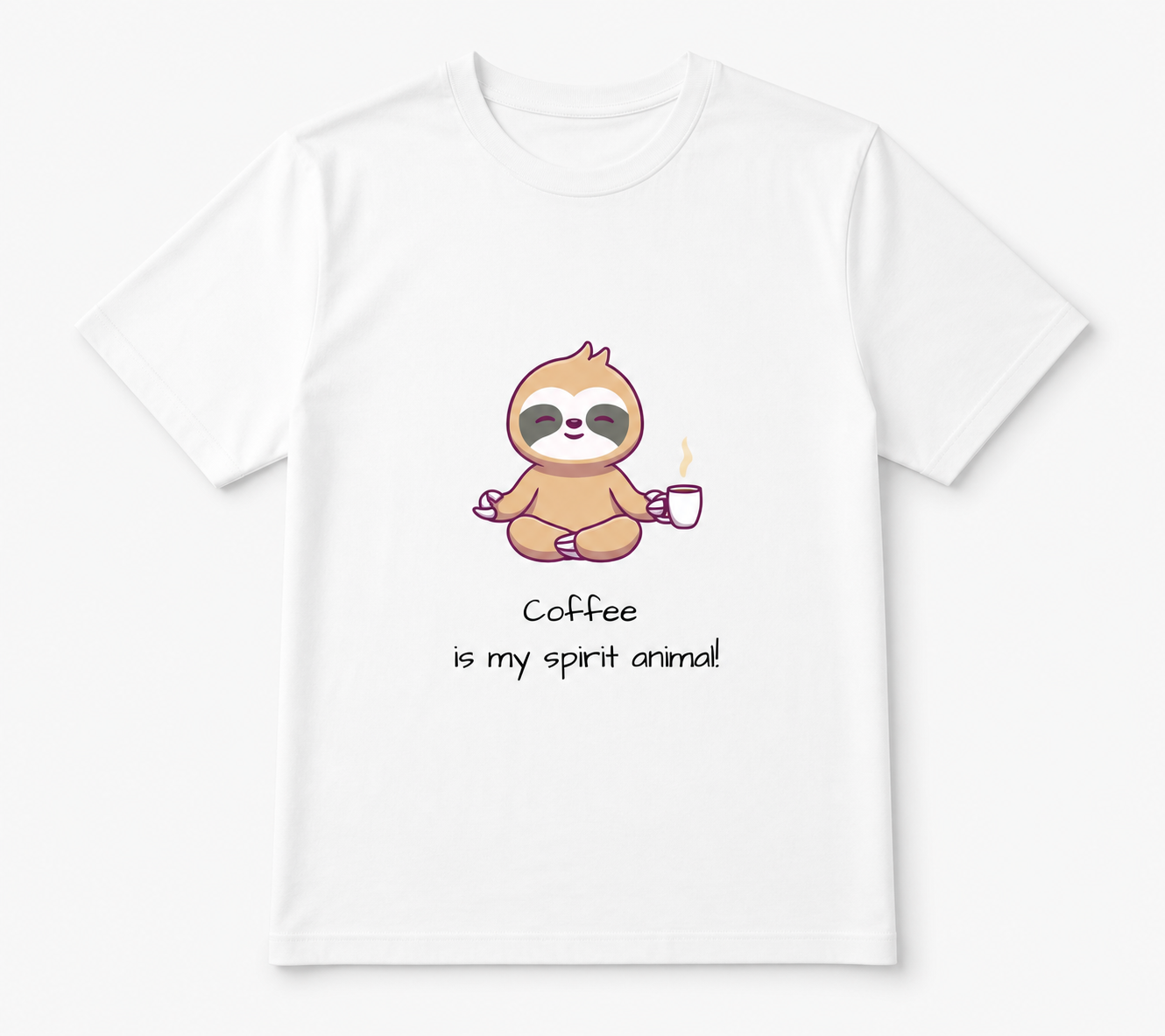 Coffee Is My Spirit Animal meditating sloth coffee lover graphic on white unisex T-shirt, front product image