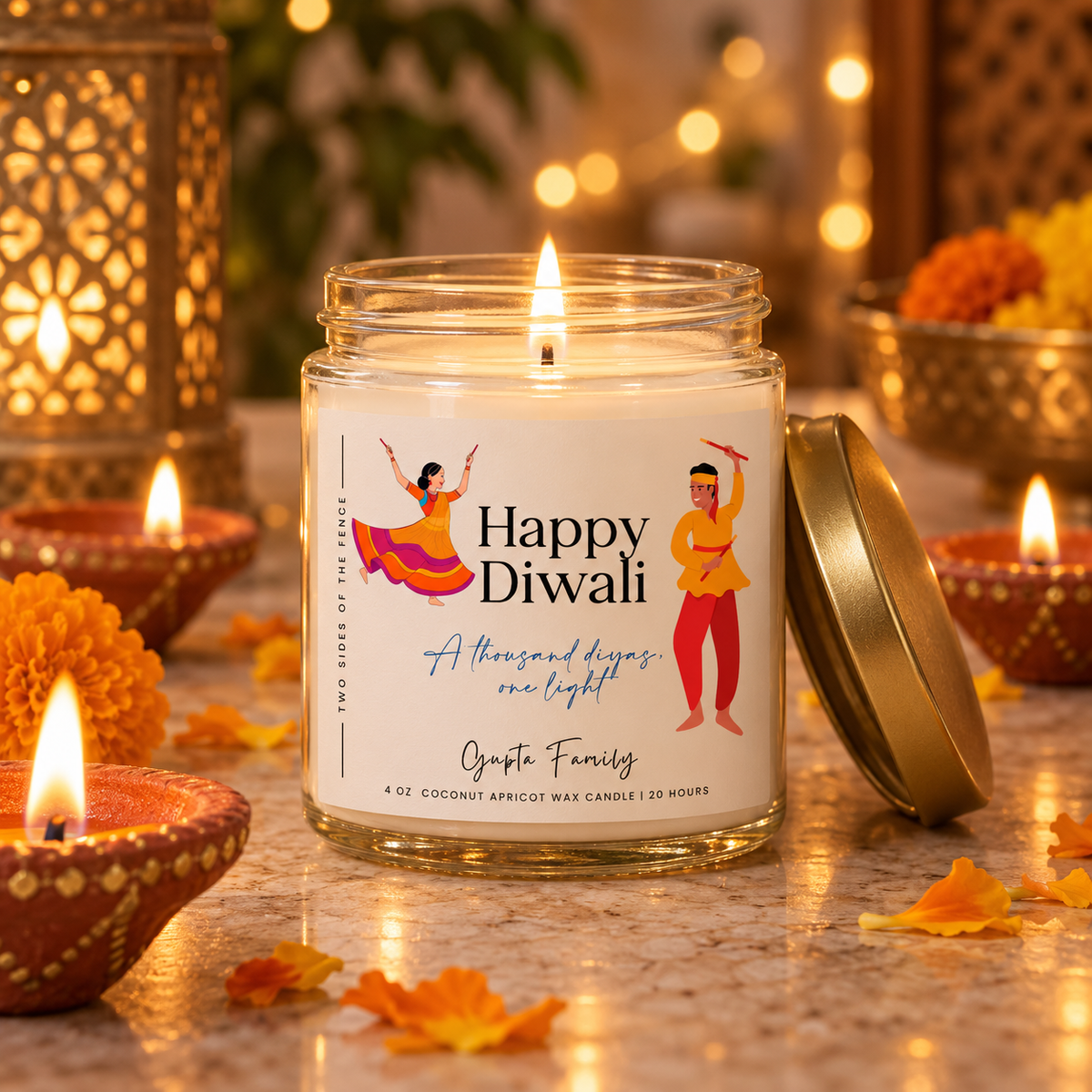 Personalized Diwali Candle — Dancing Couple I, 4 oz or 9 oz