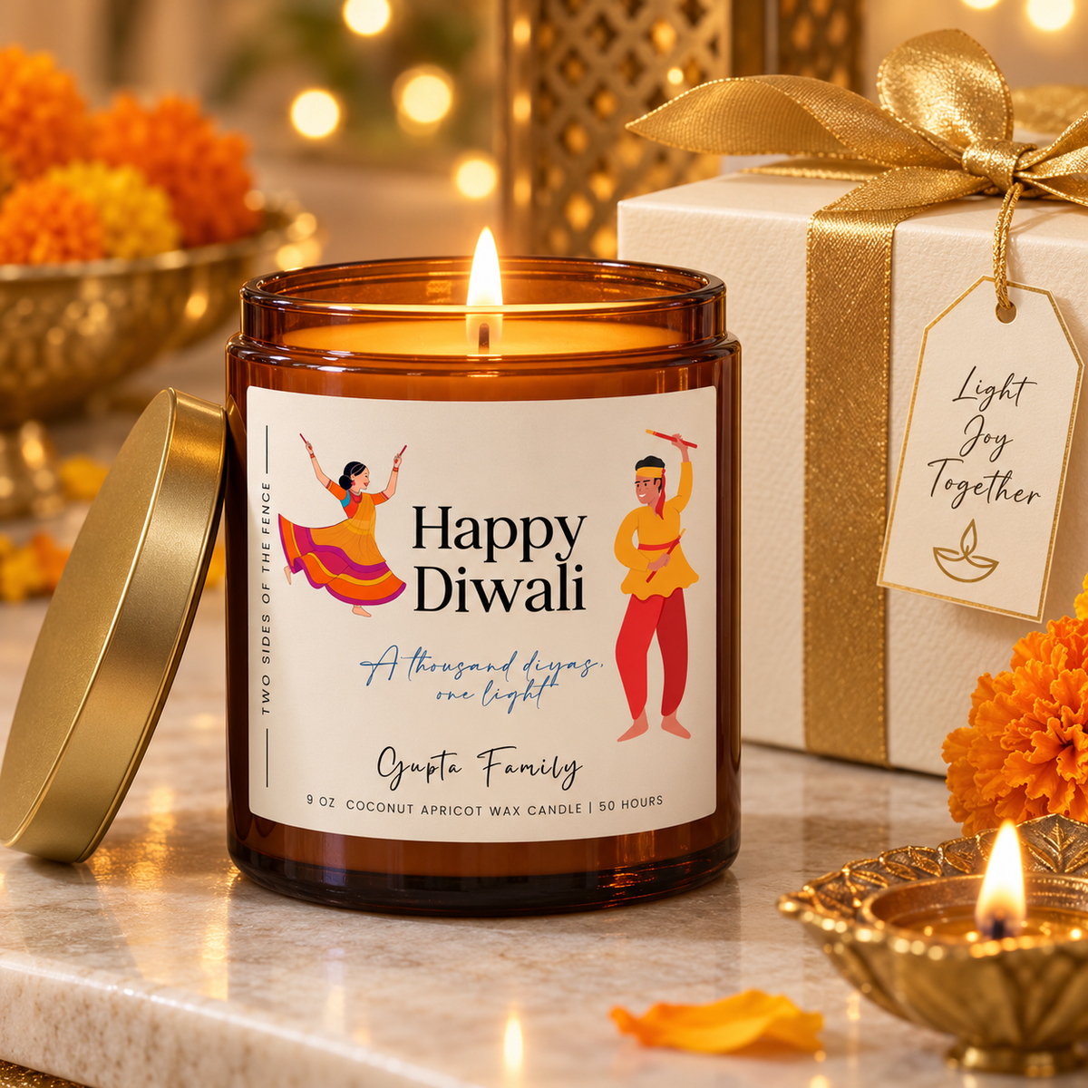 Personalized Diwali Candle — Dancing Couple I, 4 oz or 9 oz
