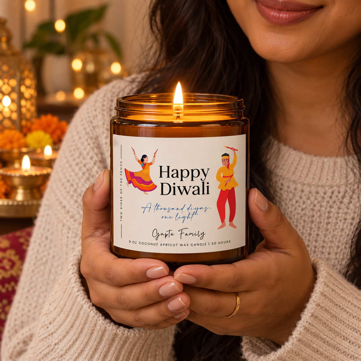 Personalized Diwali Candle — Dancing Couple I, 4 oz or 9 oz