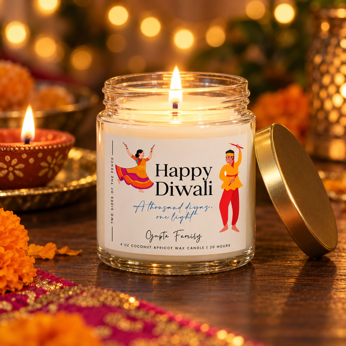 Personalized Diwali Candle — Dancing Couple I, 4 oz or 9 oz