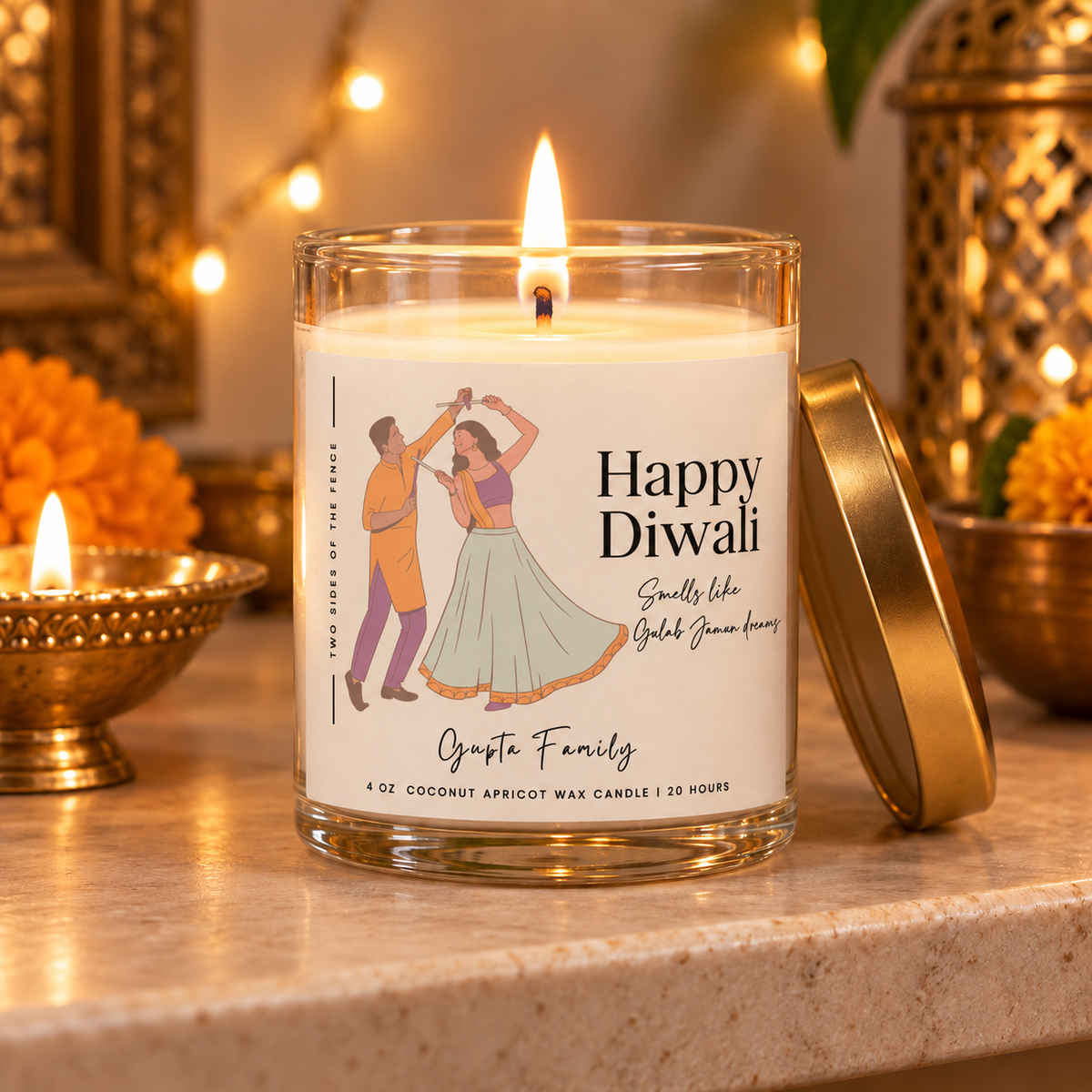 Personalized Diwali Candle - Gulab Jamun Dreams Dancing Couple, 4 oz or 9 oz