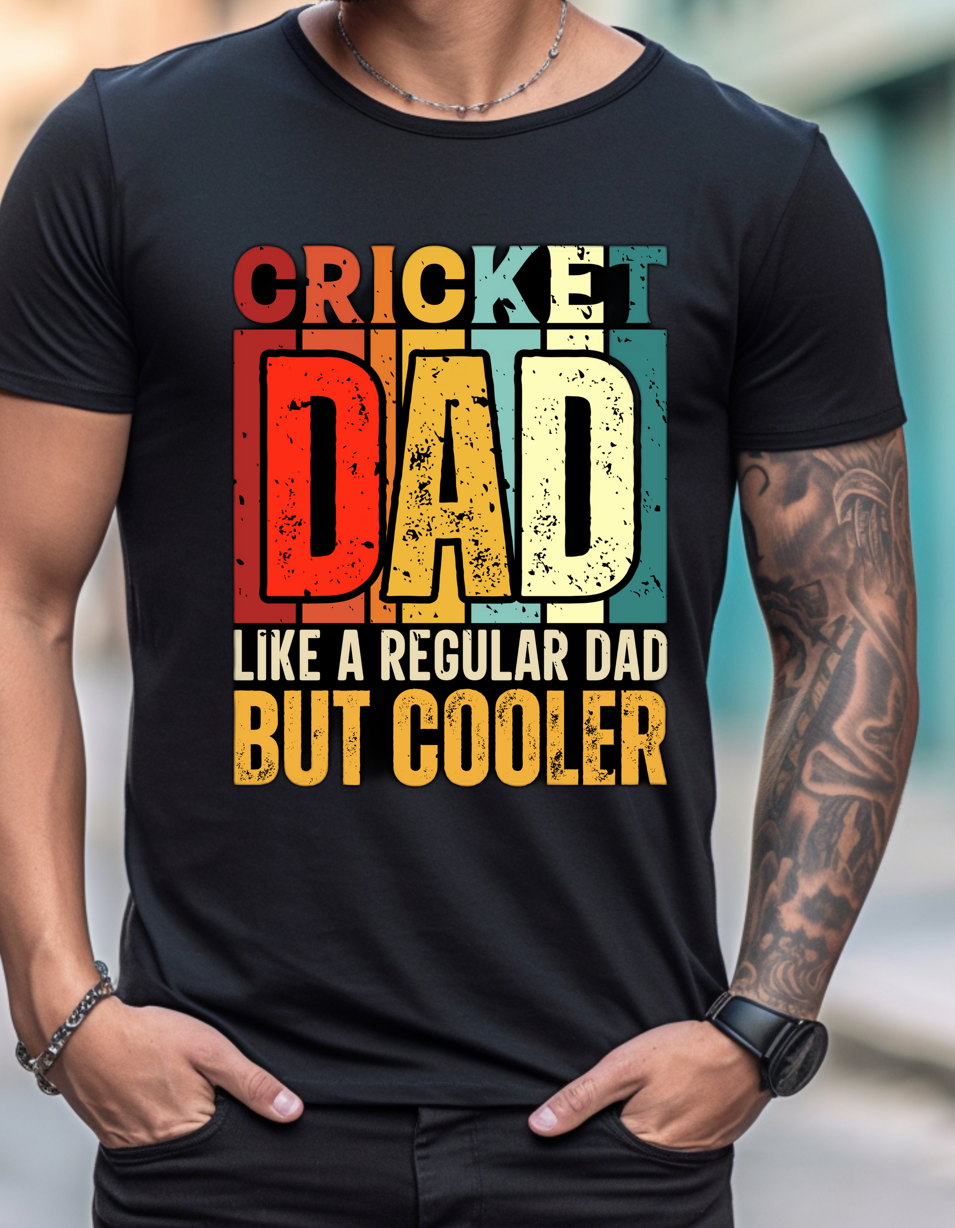 a man wearing a black cricket dad t - shirt