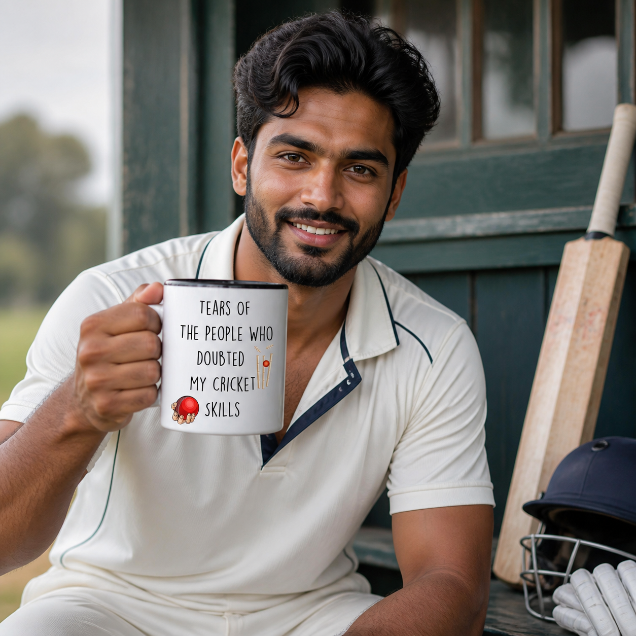 Cricket player holding black-accent Tears of the People Who Doubted My Cricket Skills mug