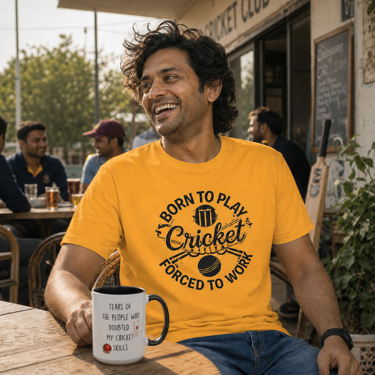Man wearing Born to Play Cricket T-shirt while holding a matching cricket mug
