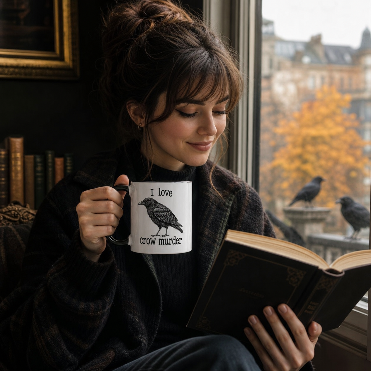 Young woman reading with black-accent I Love Crow Murder mug