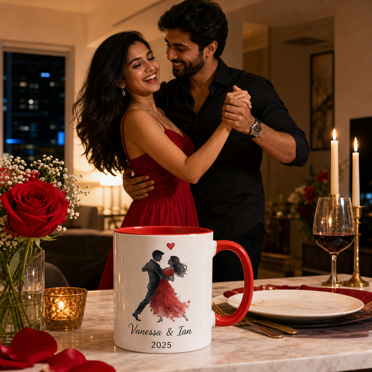 Young couple dancing beside personalized red-accent anniversary mug