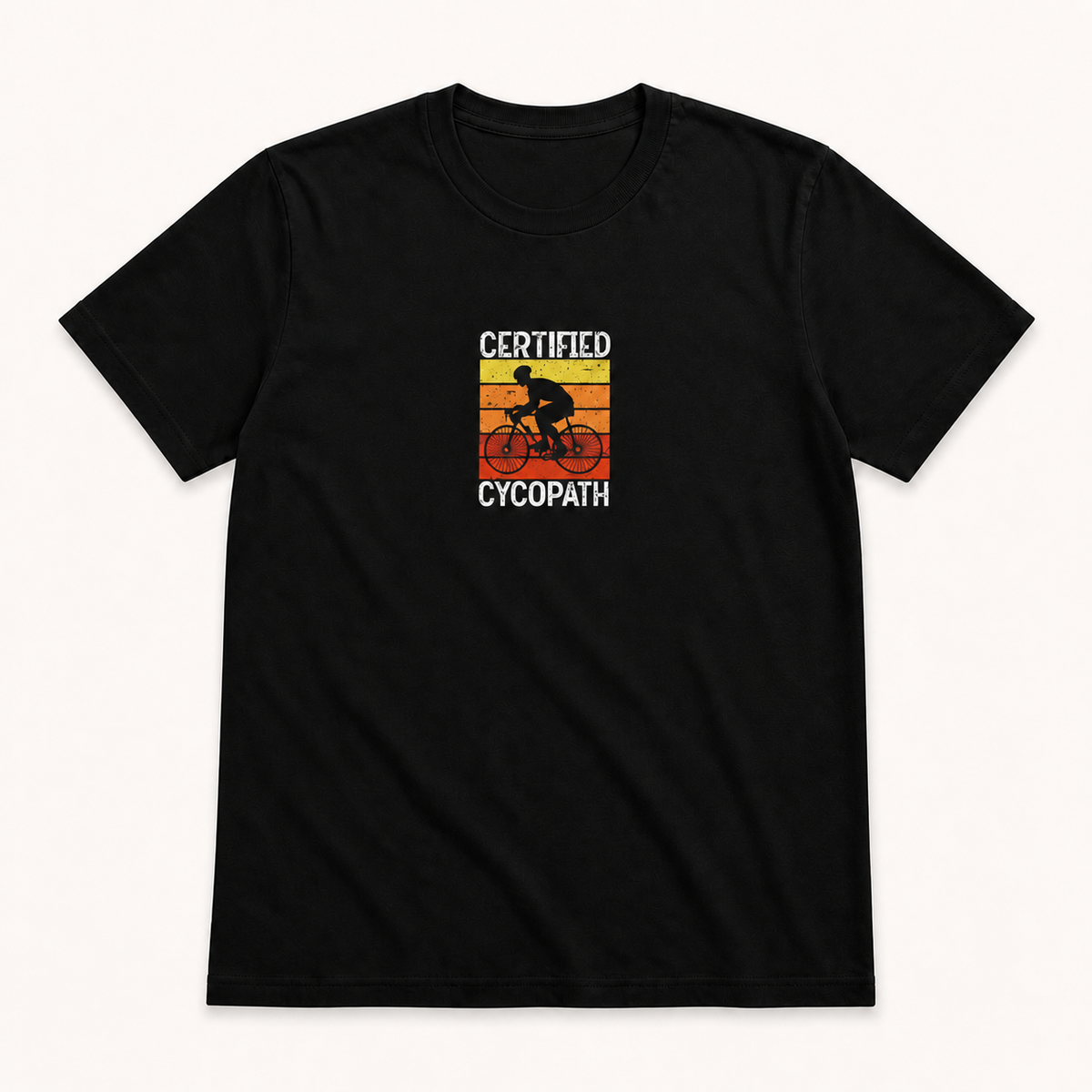 Certified Cycopath cycling graphic on black unisex T-shirt, front product image