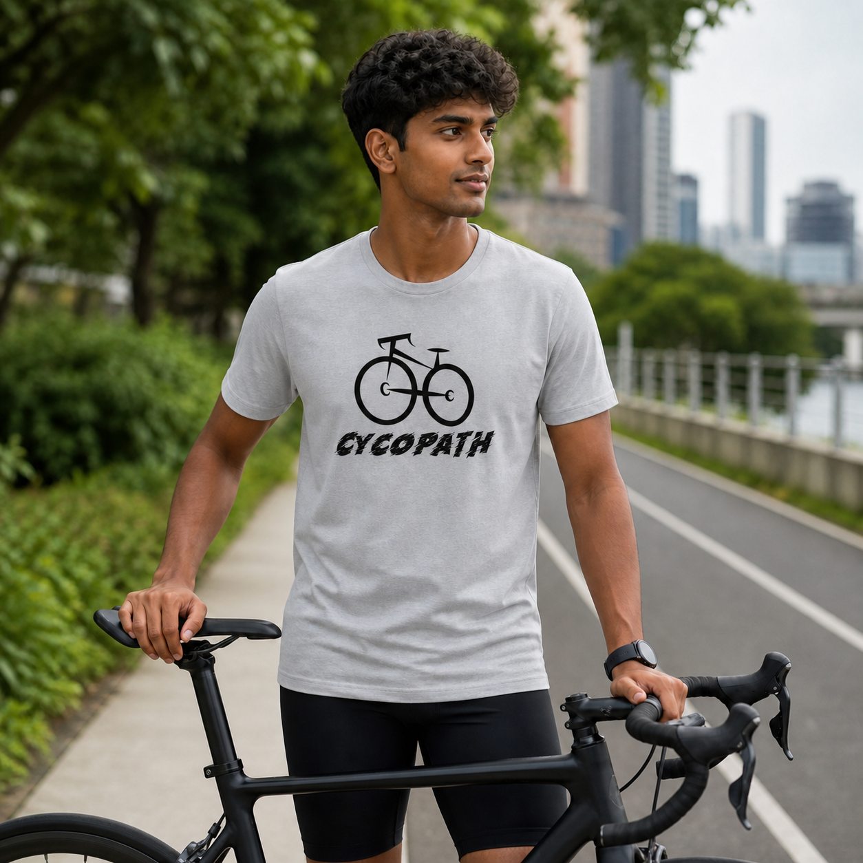 Young cyclist wearing gray Cycopath graphic T-shirt beside a road bicycle