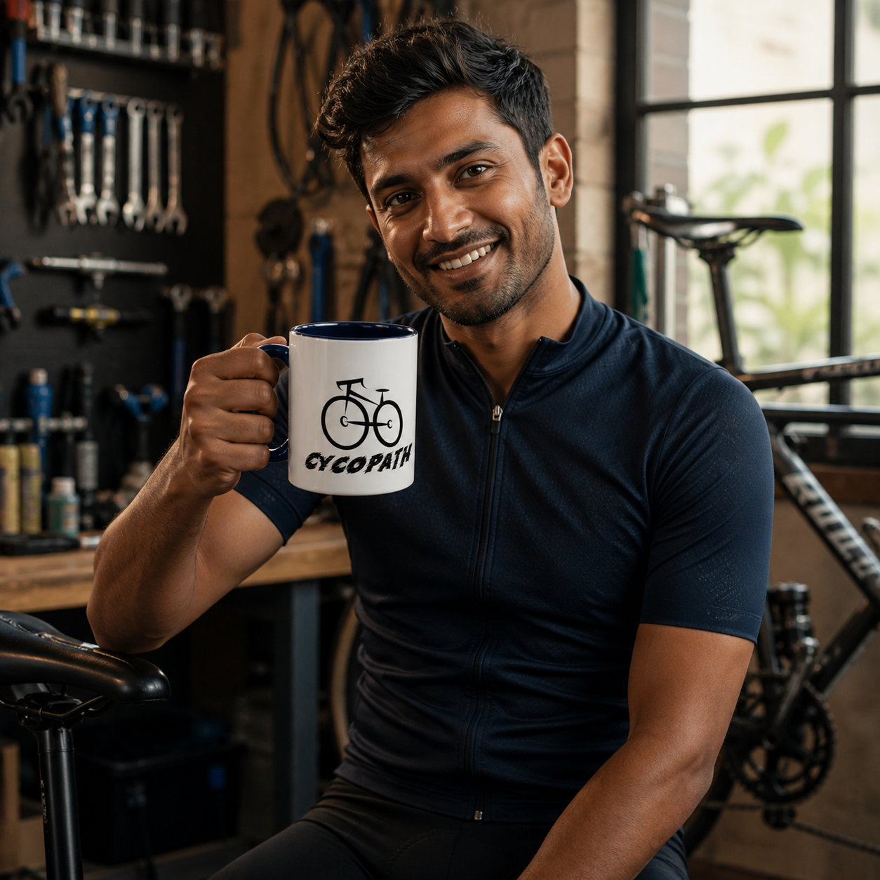 Young cyclist holding navy-accent Cycopath bicycle mug in a bike workshop