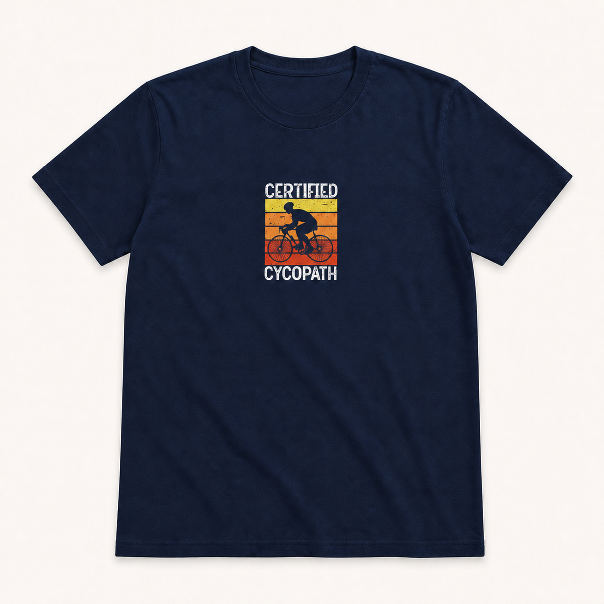Certified Cycopath cycling graphic on navy unisex T-shirt, front product image