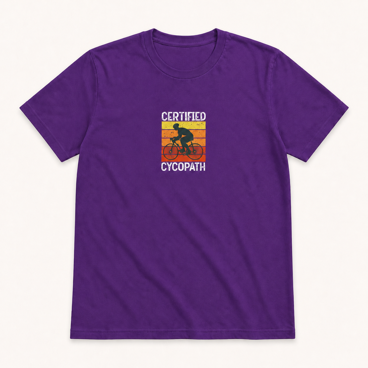 Certified Cycopath cycling graphic on purple unisex T-shirt, front product image