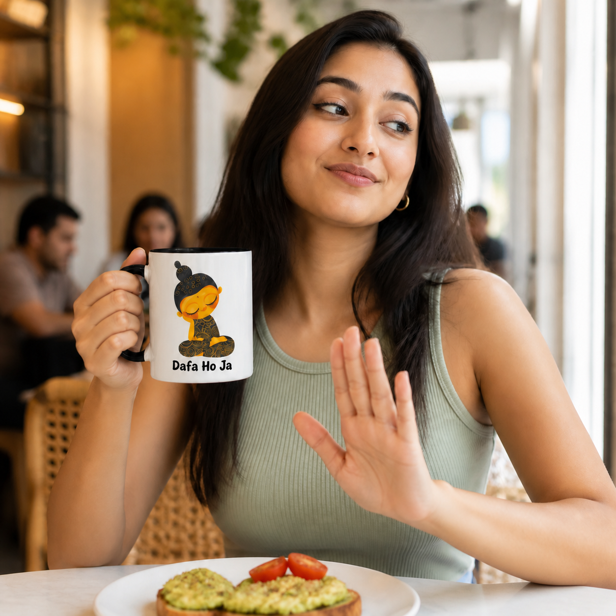 Young Indian woman holding black-accent Dafa Ho Ja mug at brunch