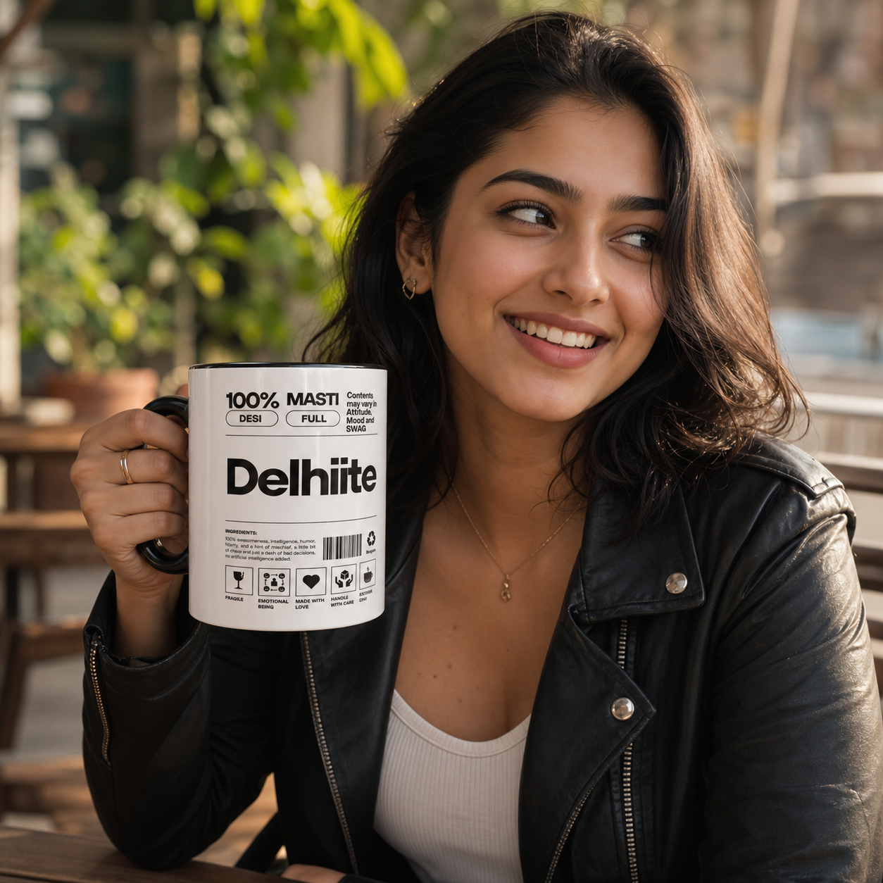 Young Delhi woman holding black-accent Delhiite Desi Roots mug