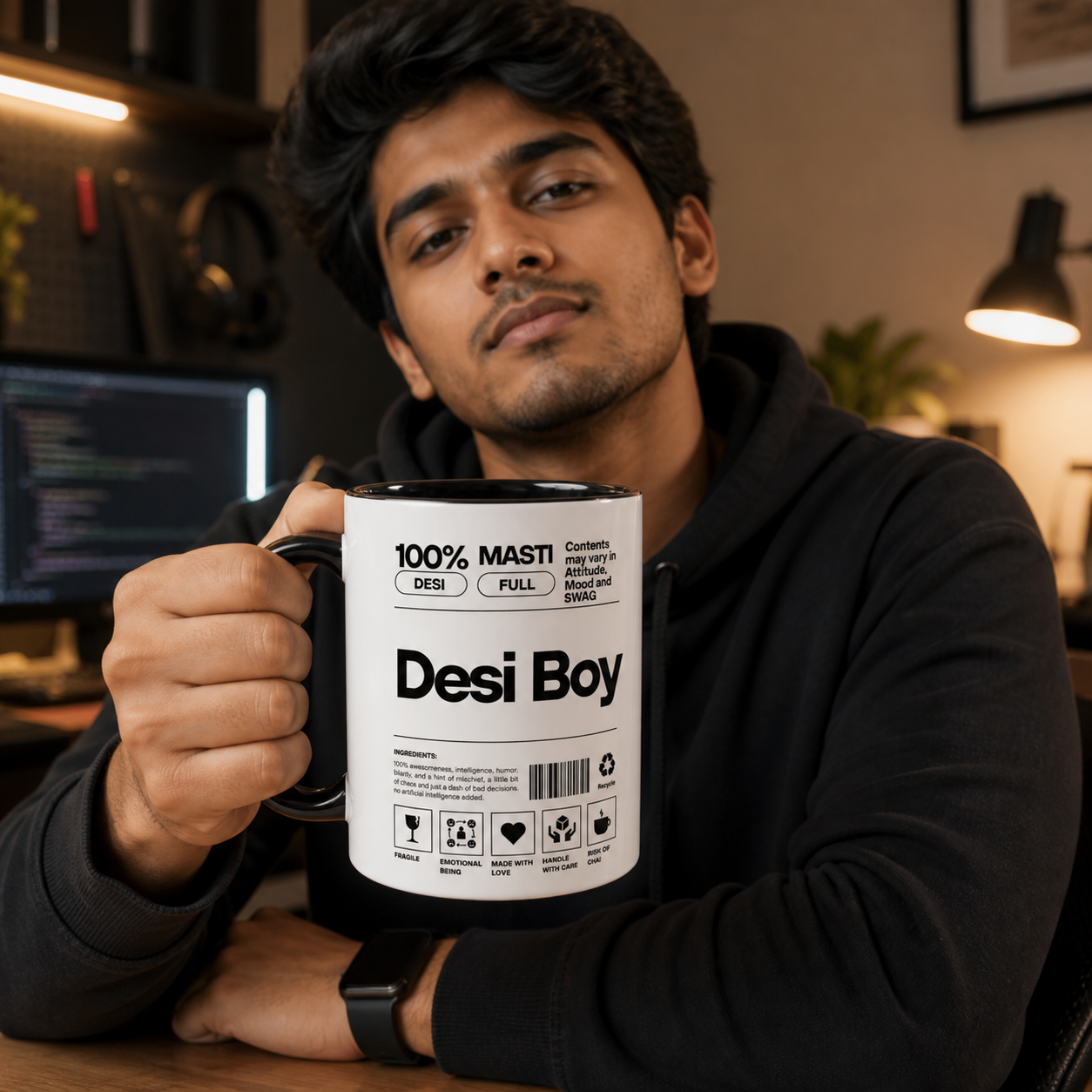Young South Asian man holding black-accent Desi Boy mug