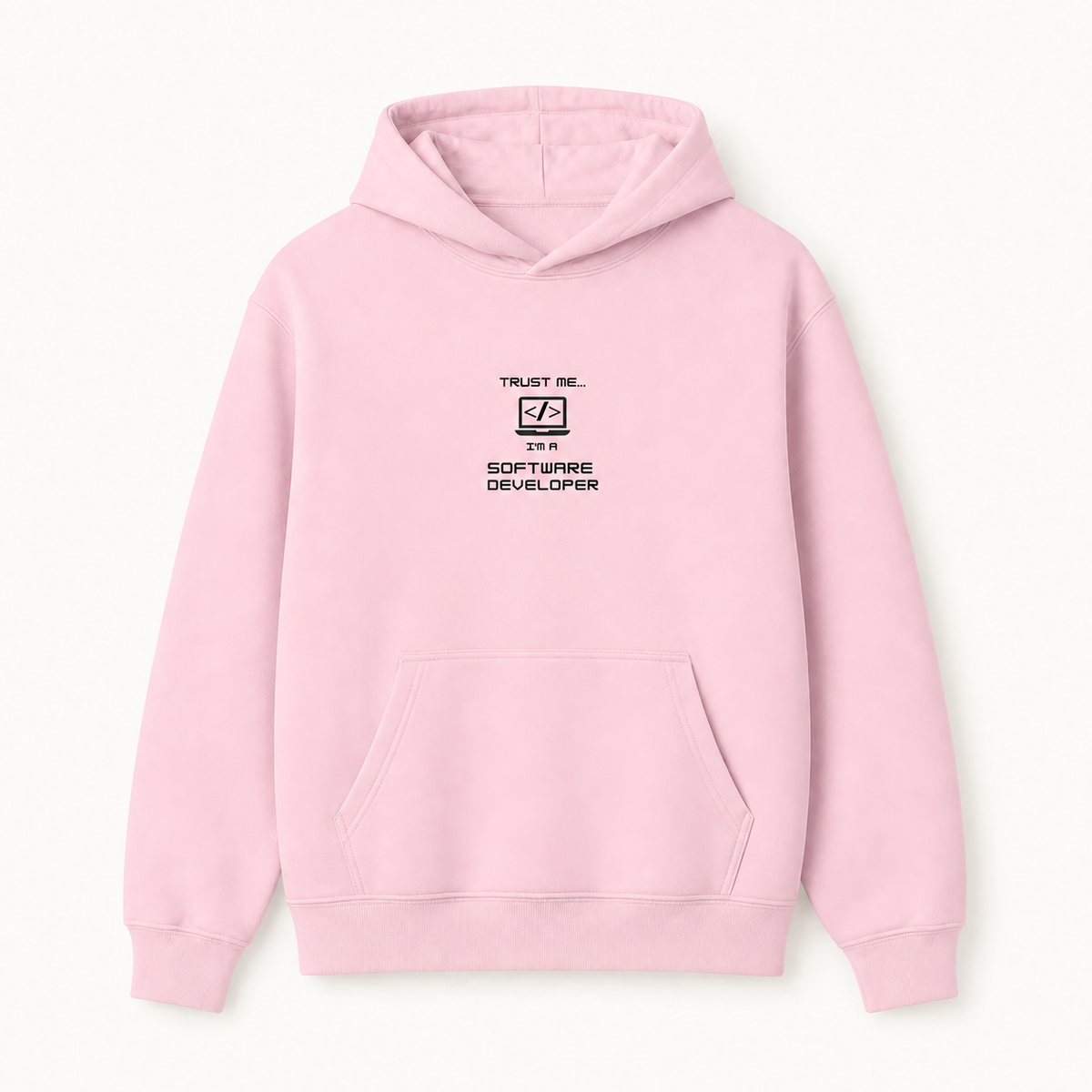 Trust Me I am a Software Developer coding graphic light pink hoodie front product image
