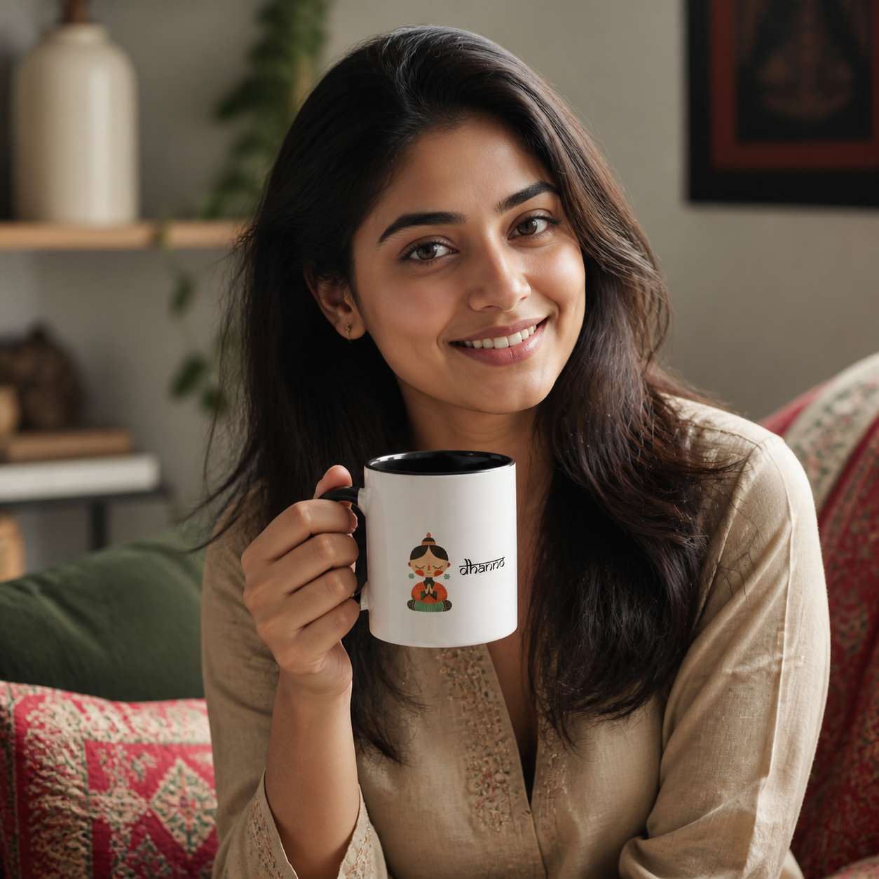 Young Indian woman holding black-accent Dhanno folk-art mug