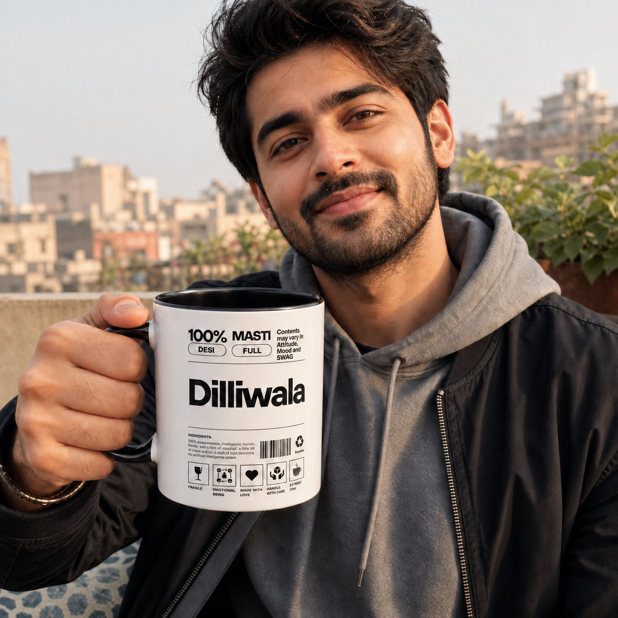 Young Delhi man holding black-accent Dilliwala Desi Roots mug