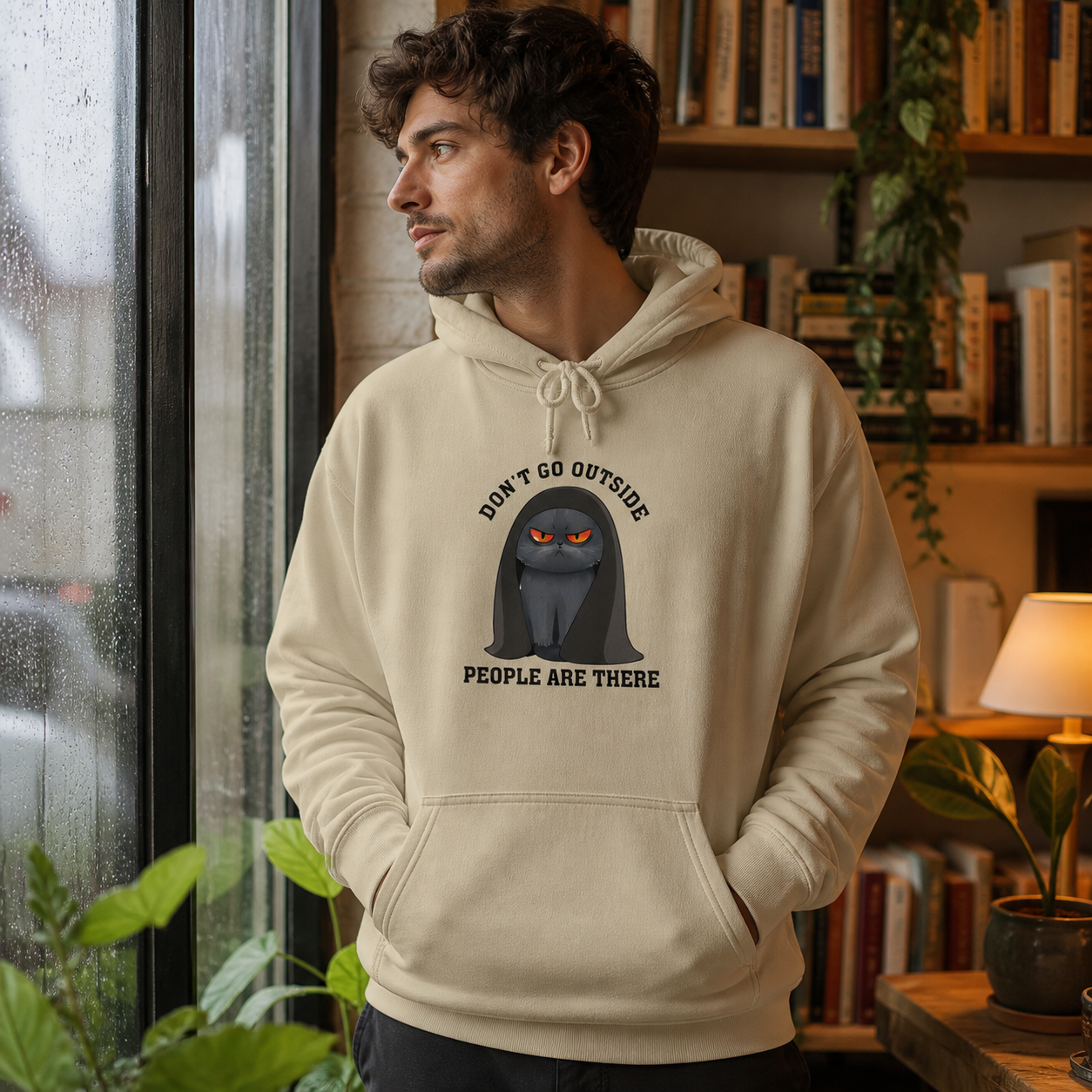 Man wearing funny Don't Go Outside hoodie in a relaxed home lifestyle setting