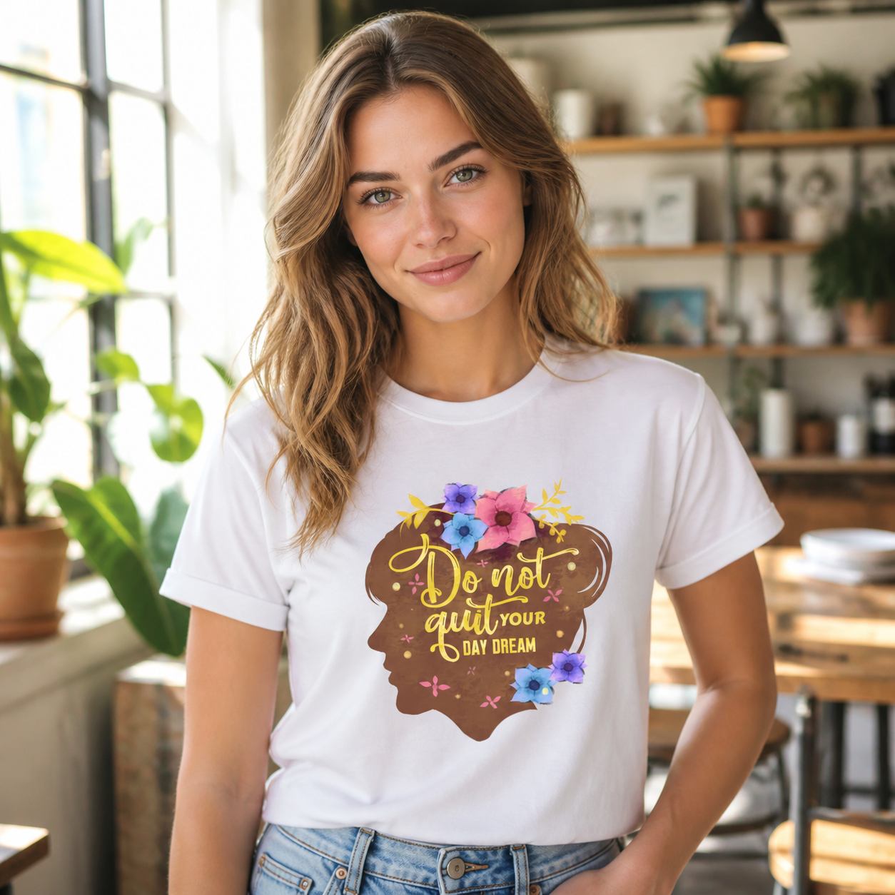Young woman wearing white Do Not Quit Your Day Dream graphic T-shirt
