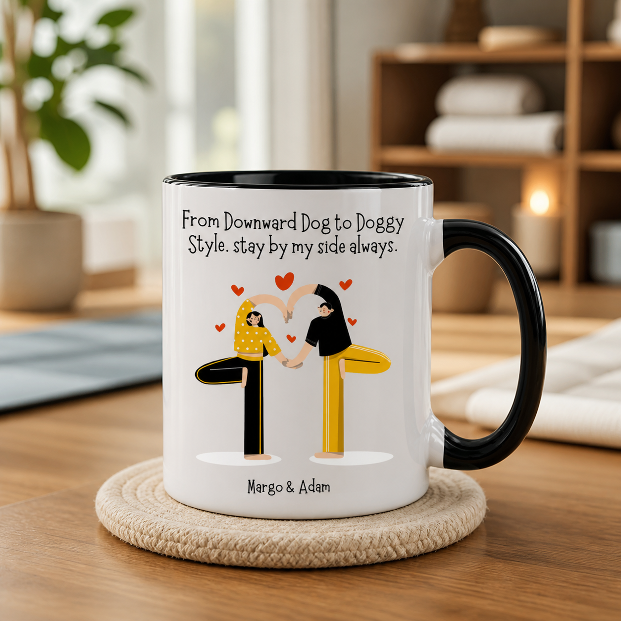 Personalized Downward Dog couple black accent mug