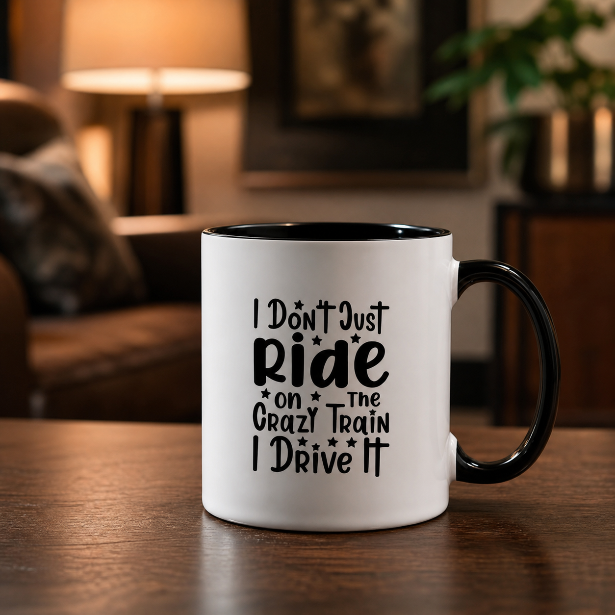 Drive the Crazy Train black accent mug in a modern lounge