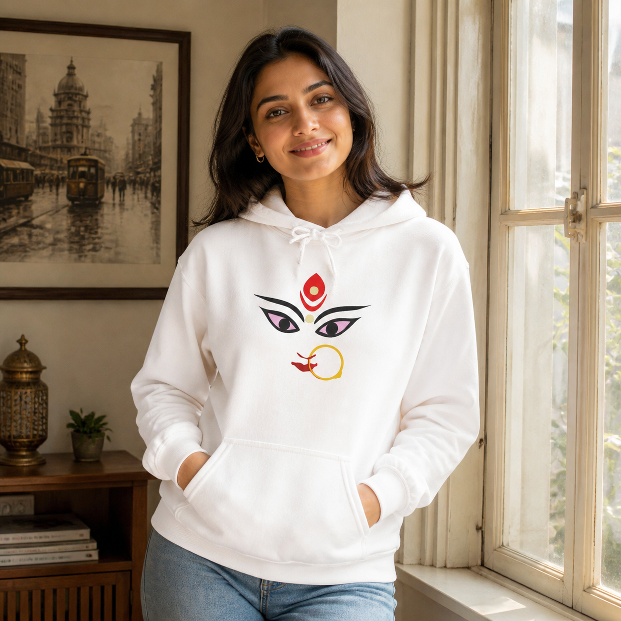 Young Bengali woman wearing white Durga eyes graphic hoodie in natural light