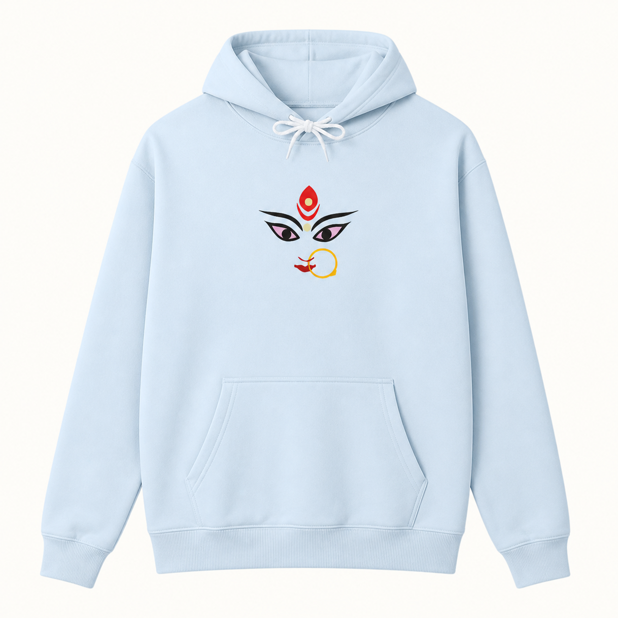 Goddess Durga Bengali eyes graphic light blue hoodie front product image