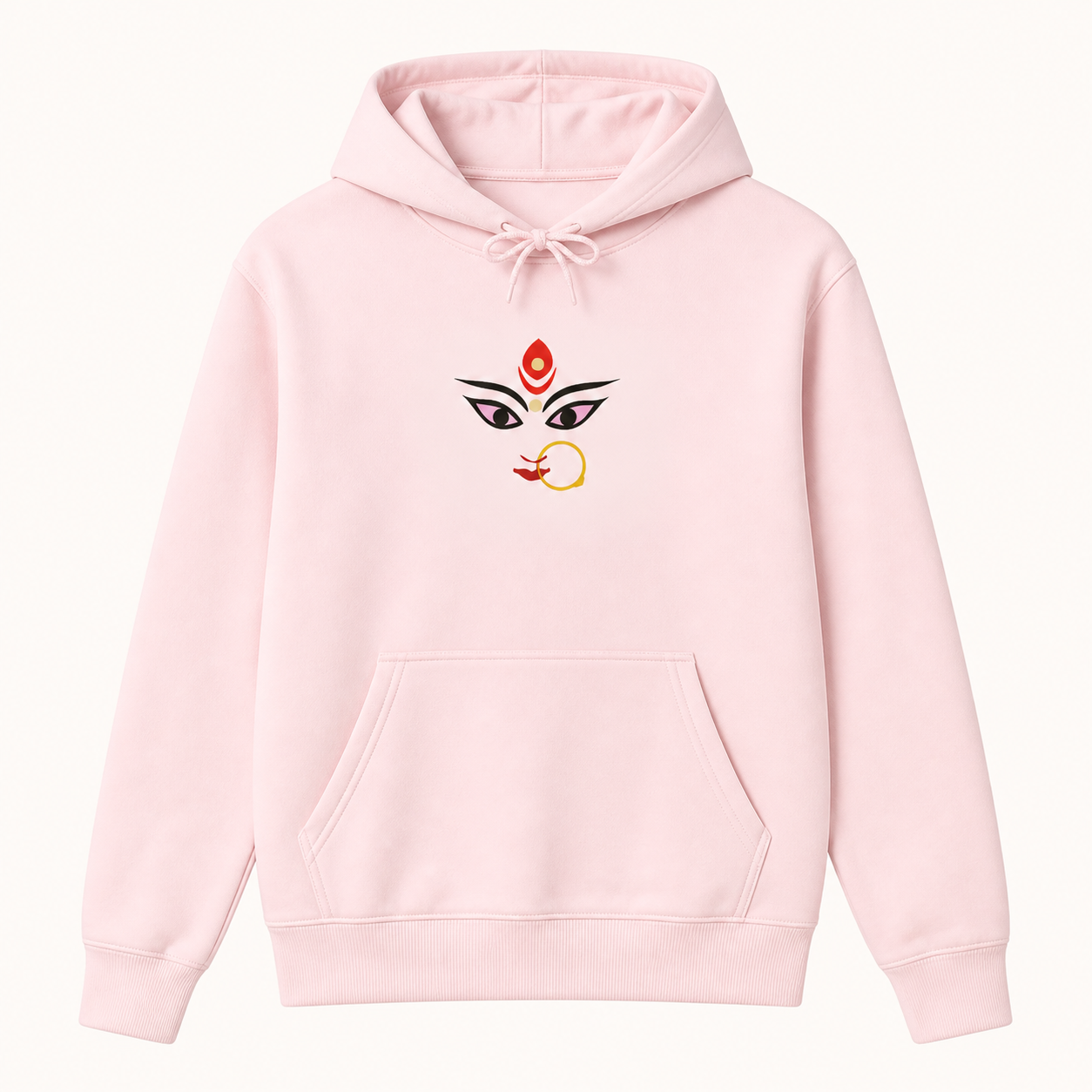 Goddess Durga Bengali eyes graphic light pink hoodie front product image