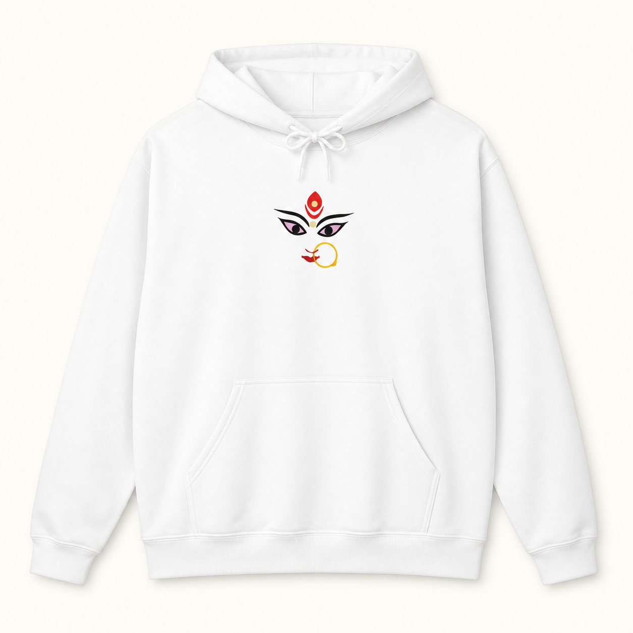 Goddess Durga Bengali eyes graphic white hoodie front product image