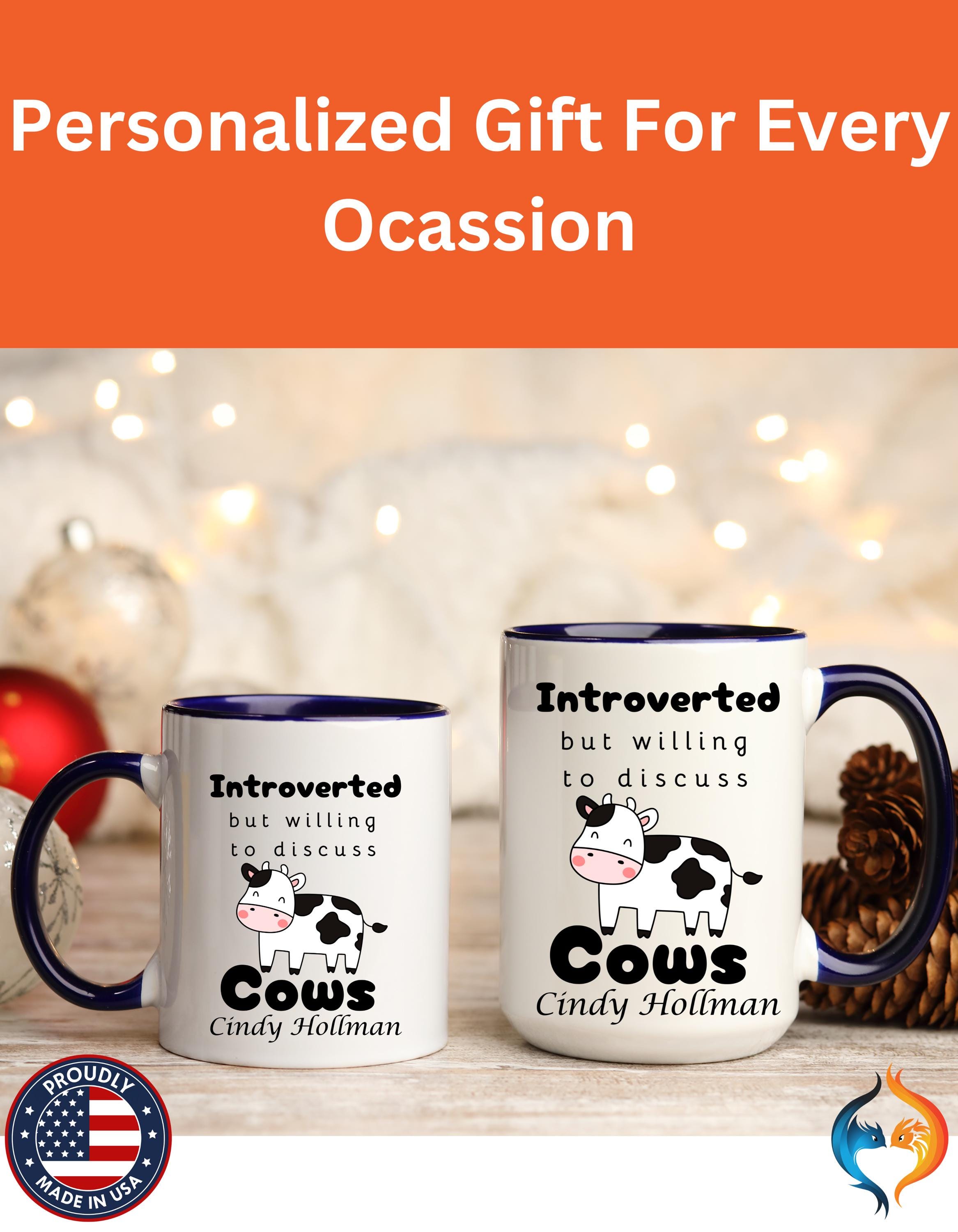 Funny Coffee Mug, personalized mug, Introverted But Willing To Discuss Cows Personalized Accent Coffee Cups (11oz, 15oz), gift under 20