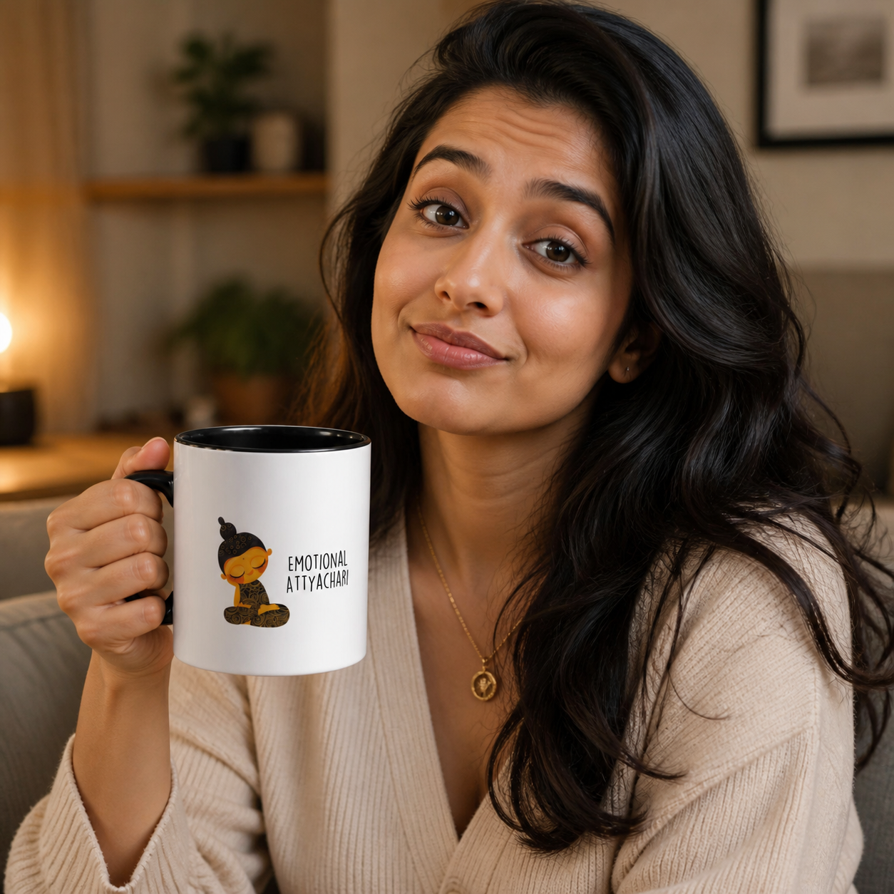 Young South Asian woman holding black-accent Emotional Attyachari mug