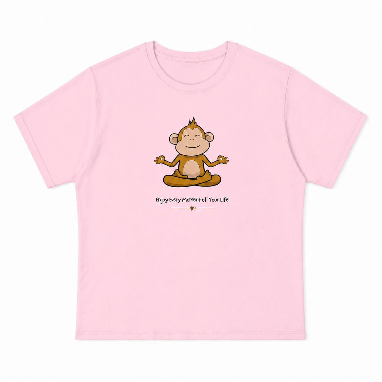 Enjoy Every Moment of Your Life meditating monkey graphic on light pink unisex T-shirt, front product image