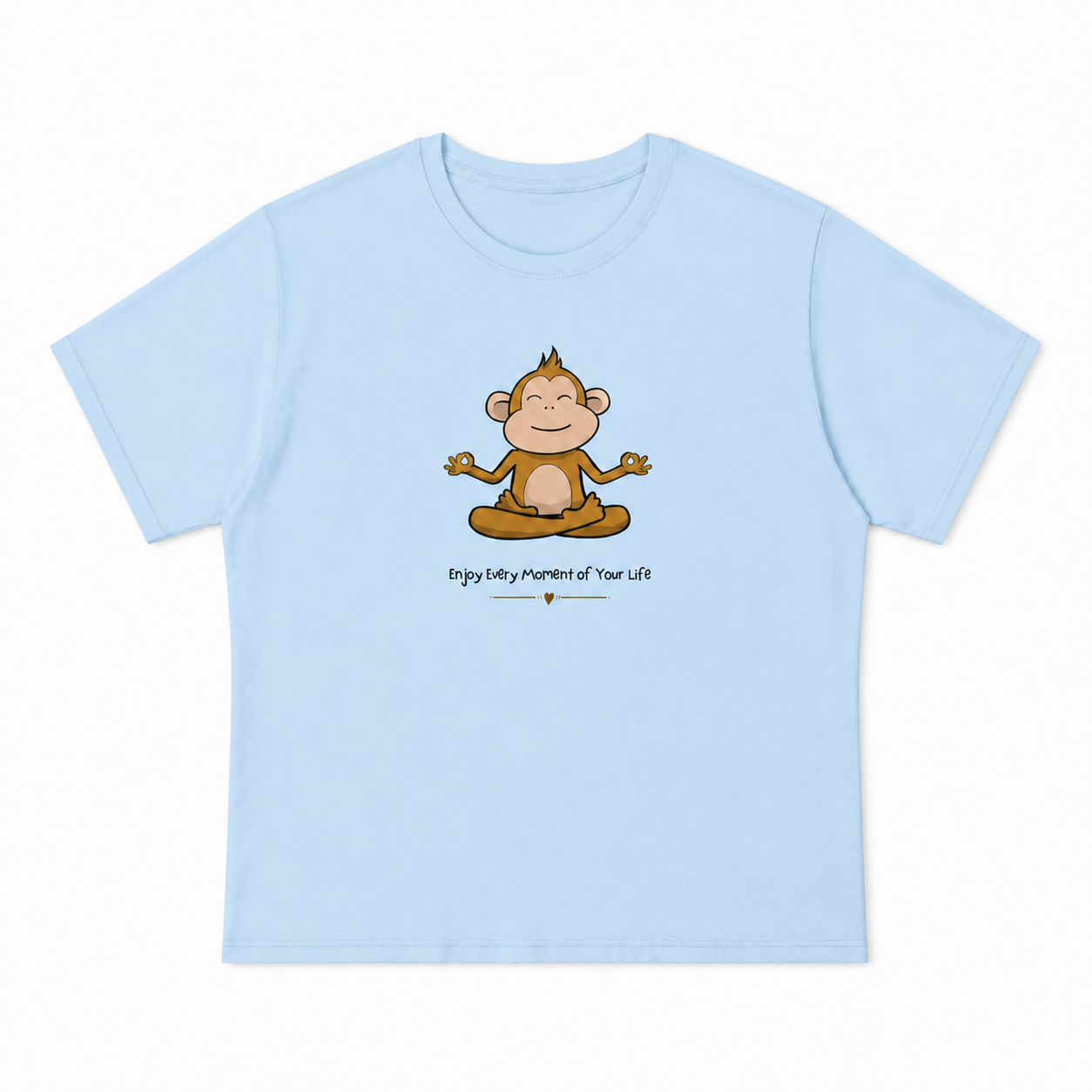 Enjoy Every Moment of Your Life meditating monkey graphic on sky unisex T-shirt, front product image