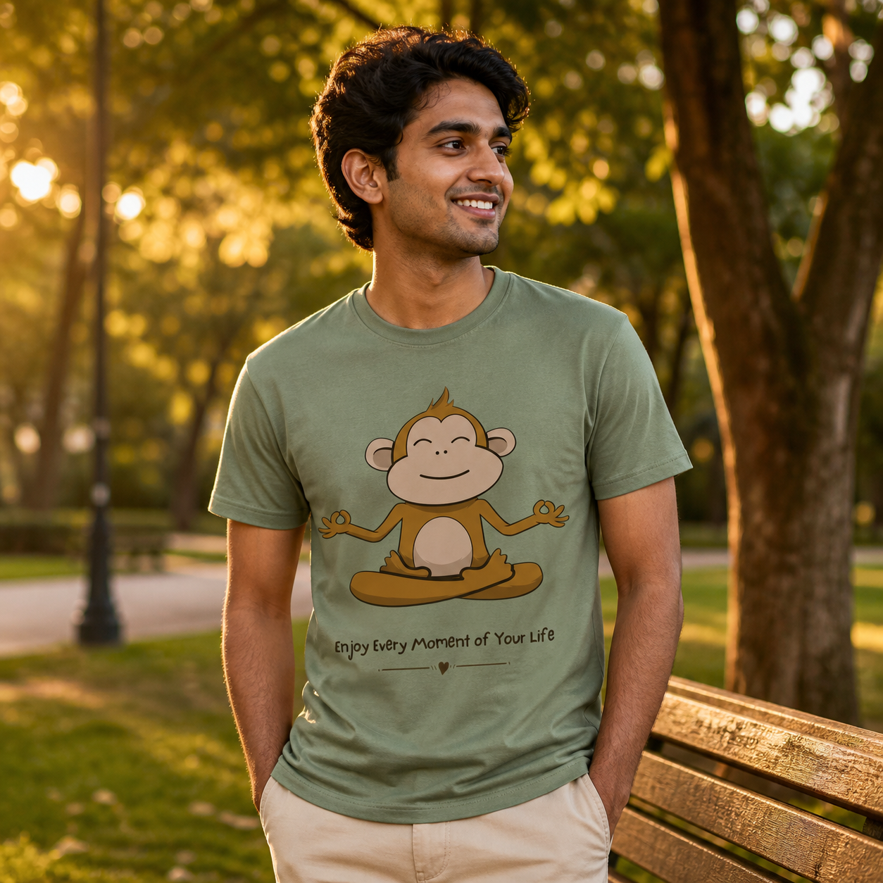 Young man wearing Enjoy Every Moment of Your Life meditation monkey graphic T-shirt in a park