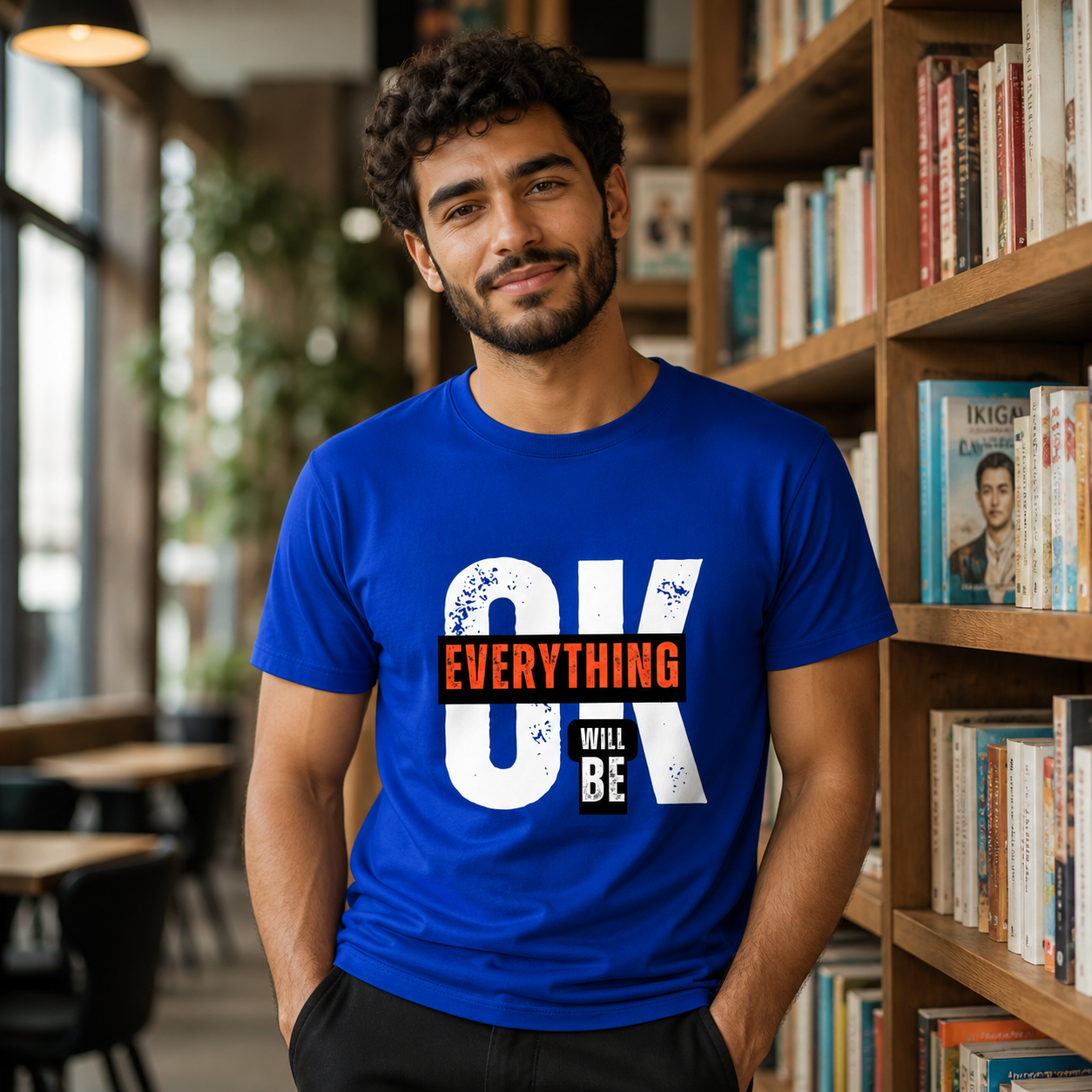 Young man wearing Everything Will Be Okay positive quote graphic T-shirt in a bookstore cafe