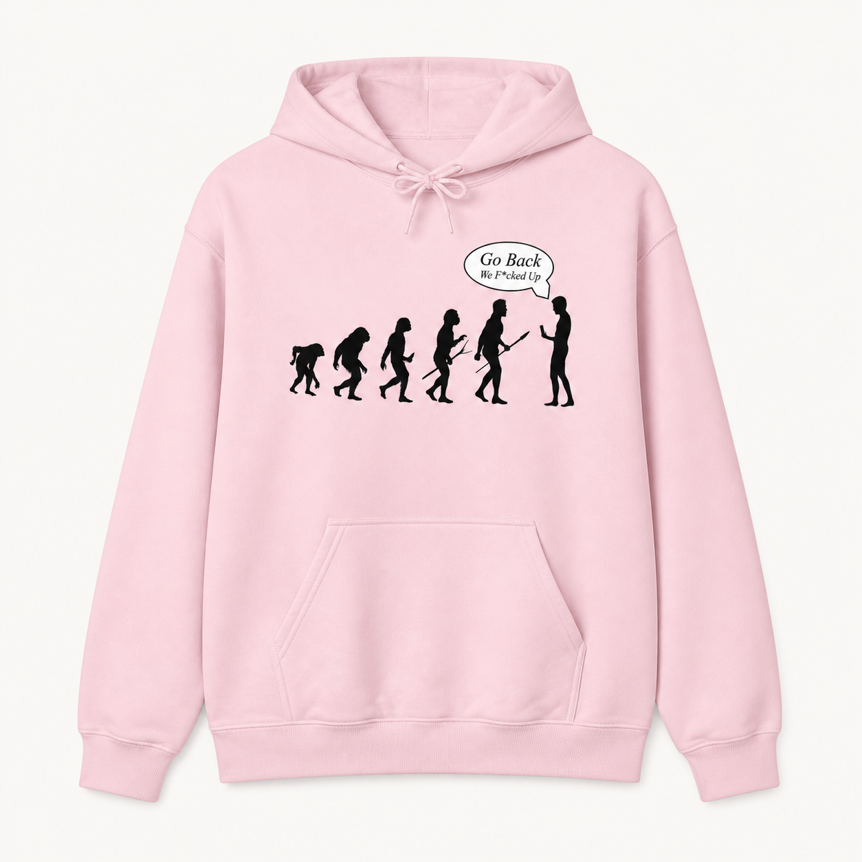 Go Back We F*cked Up satirical evolution graphic light pink hoodie front product image