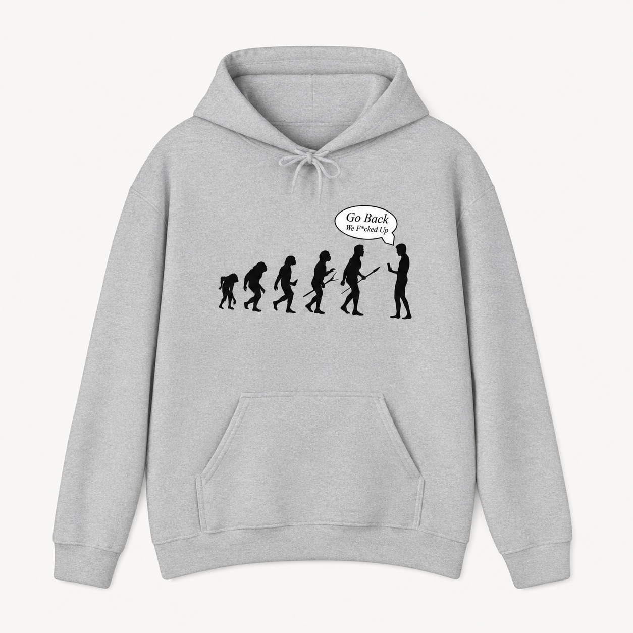 Go Back We F*cked Up satirical evolution graphic sport grey hoodie front product image