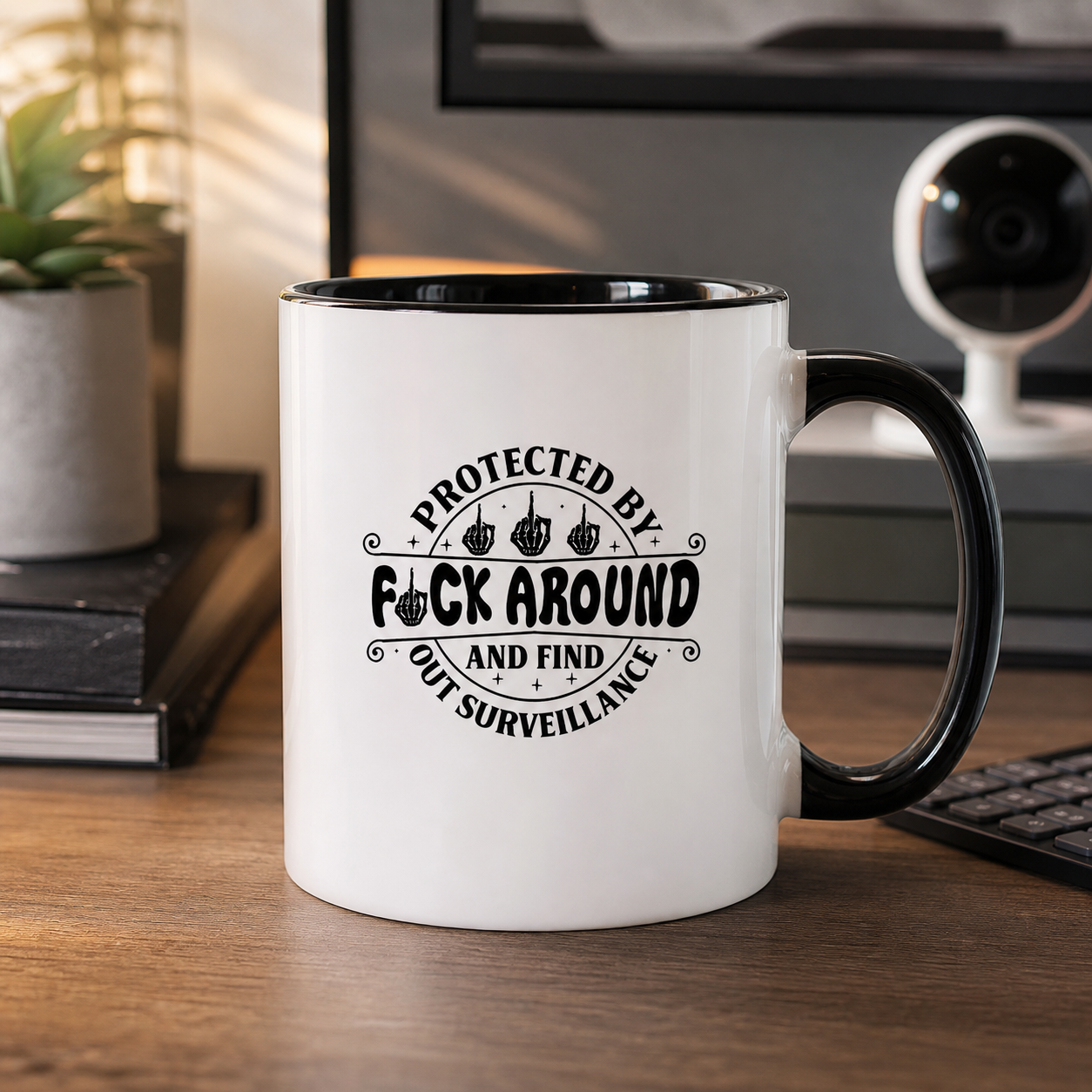 Protected by Find Out Surveillance black accent mug