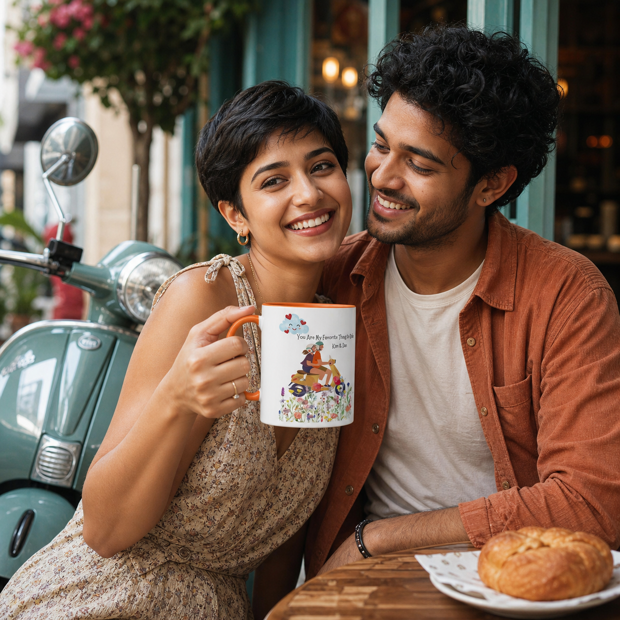 Young couple with orange-accent Favorite Thing to Ride mug beside a retro scooter