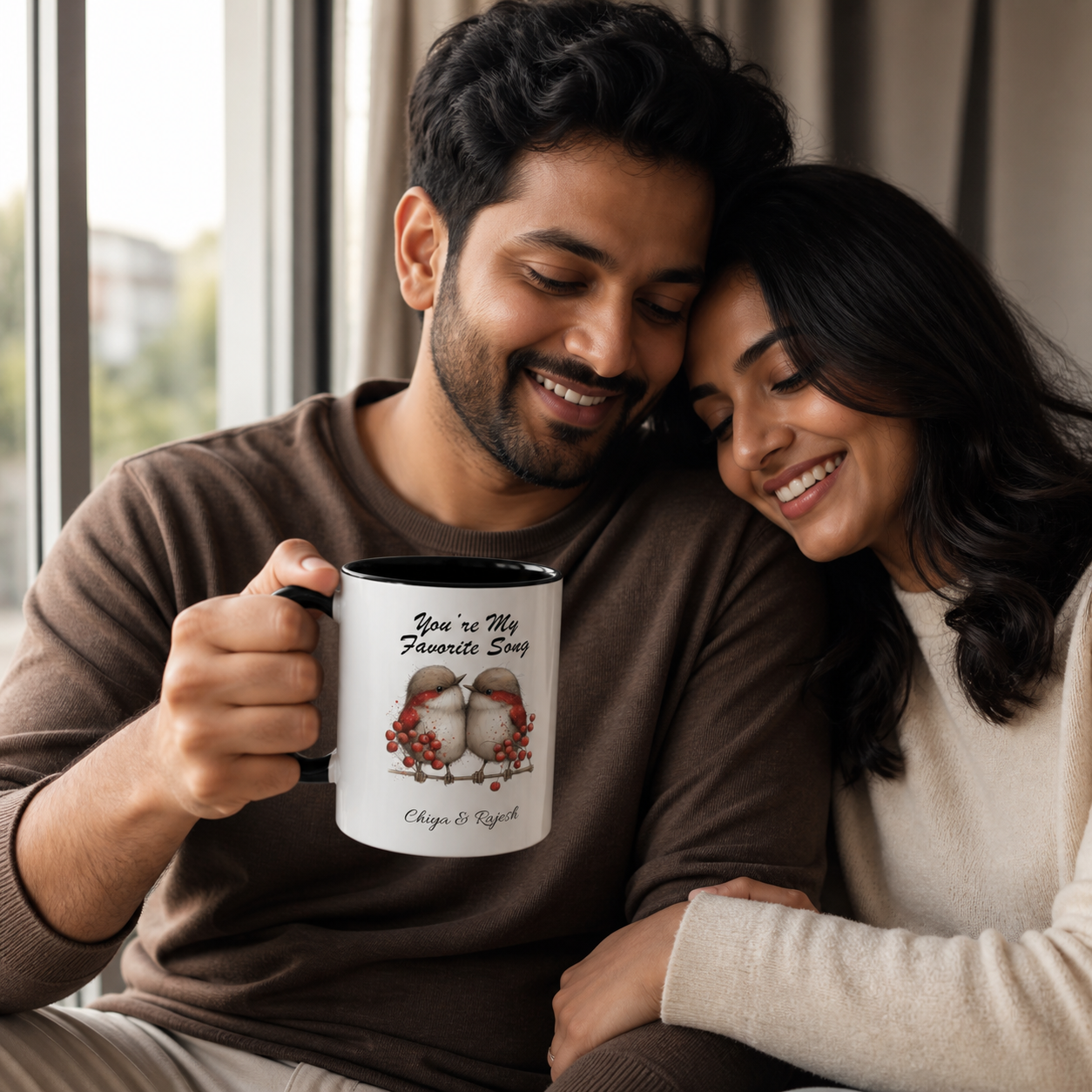 South Asian couple holding personalized black-accent You're My Favorite Song bird mug