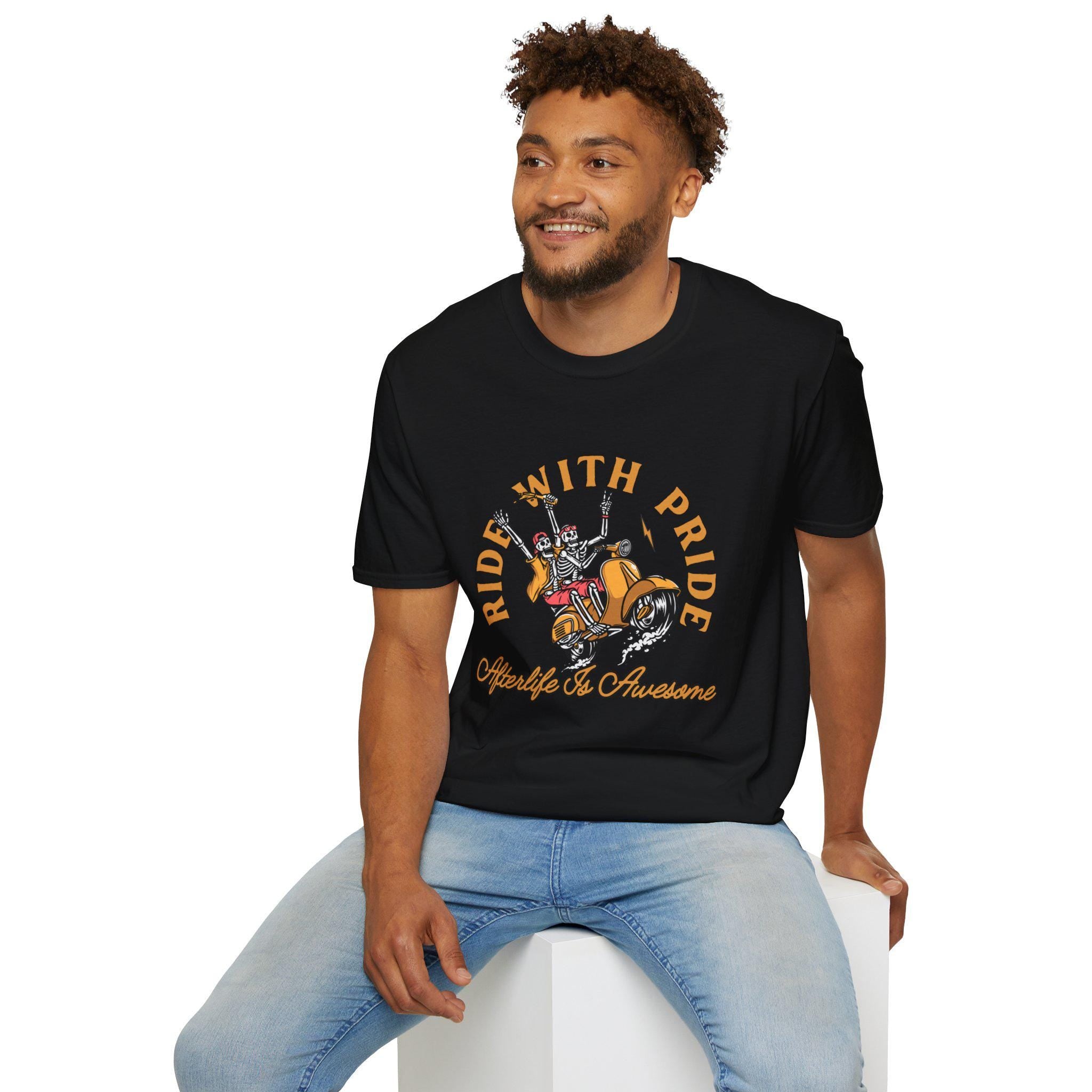 Ride With Pride Skeleton T-Shirt | Afterlife Is Awesome | Funny Graphic Tee for Skeleton fans & LGBTQ supporters Everyday Wear