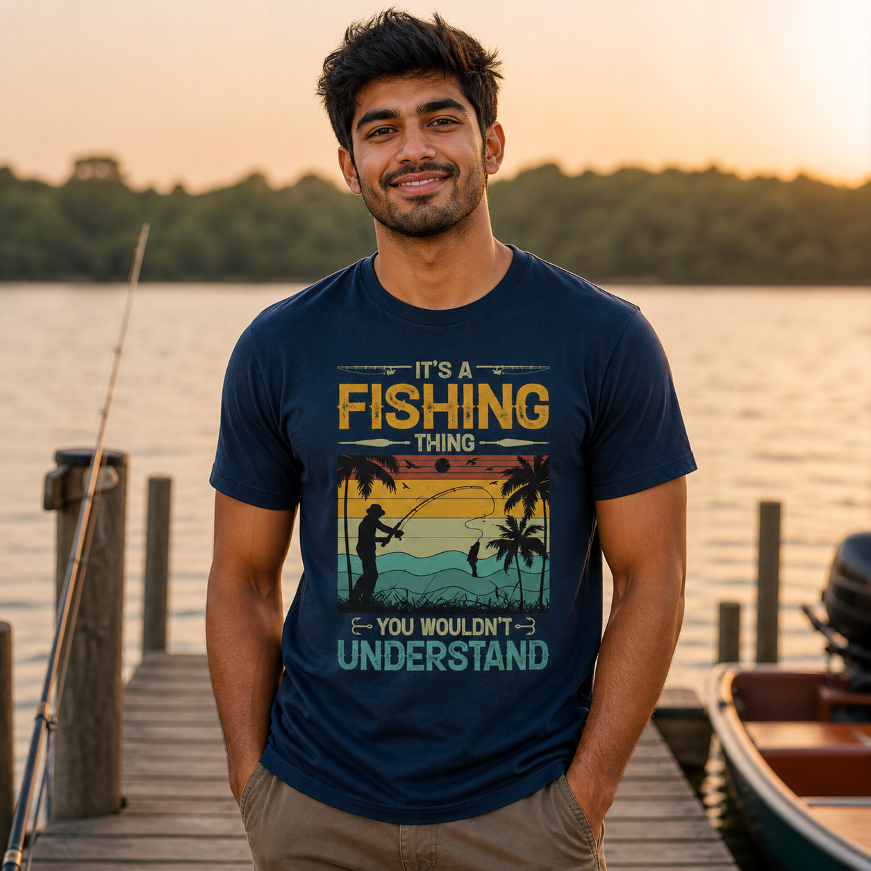 Young man wearing navy It's a Fishing Thing graphic T-shirt by a lakeside dock