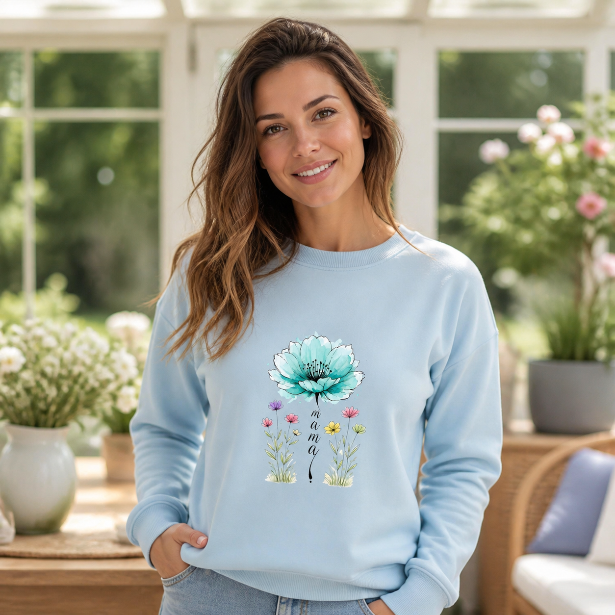 Woman wearing light blue floral Mama wildflower crewneck sweatshirt