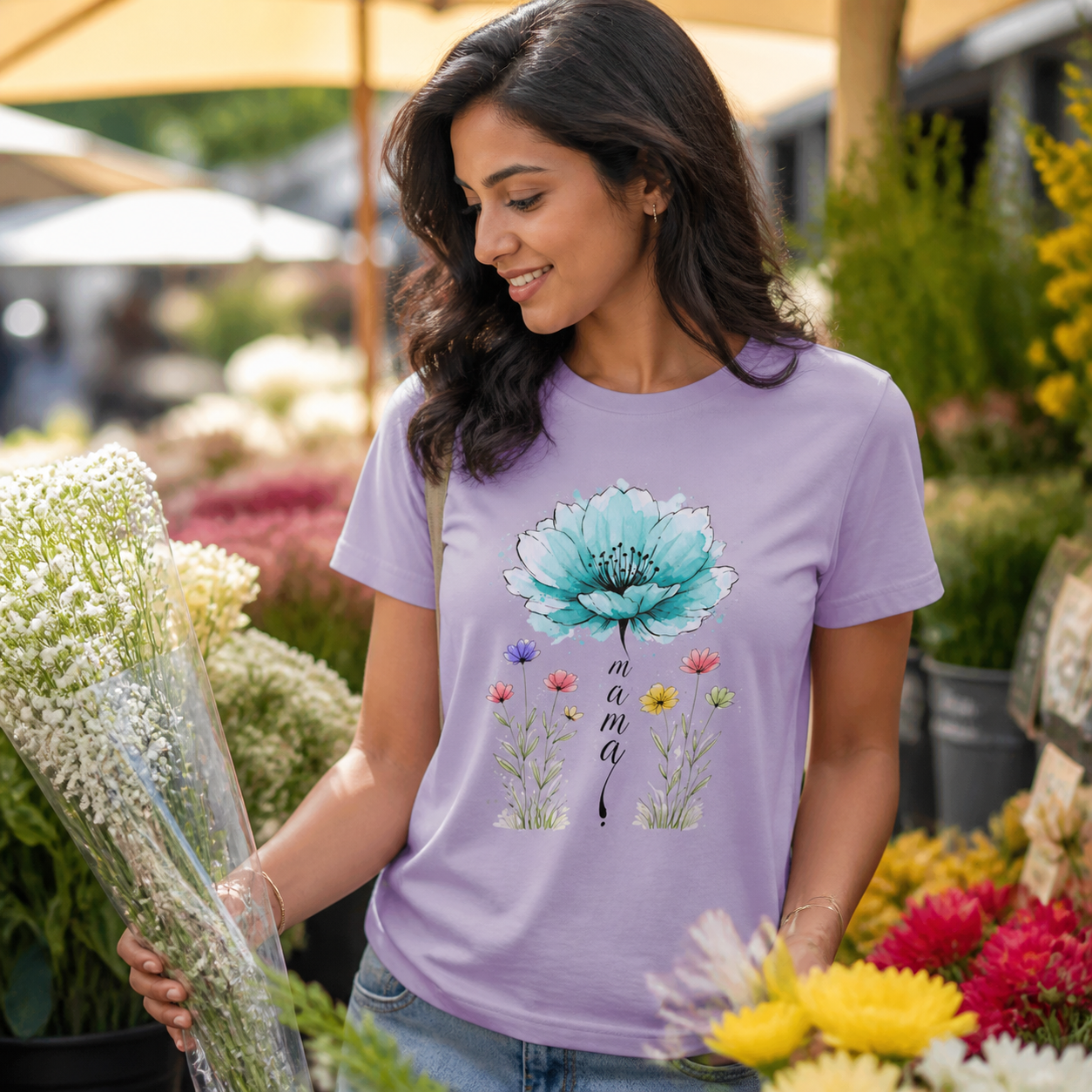 South Asian woman wearing floral Mama graphic T-shirt at a flower market