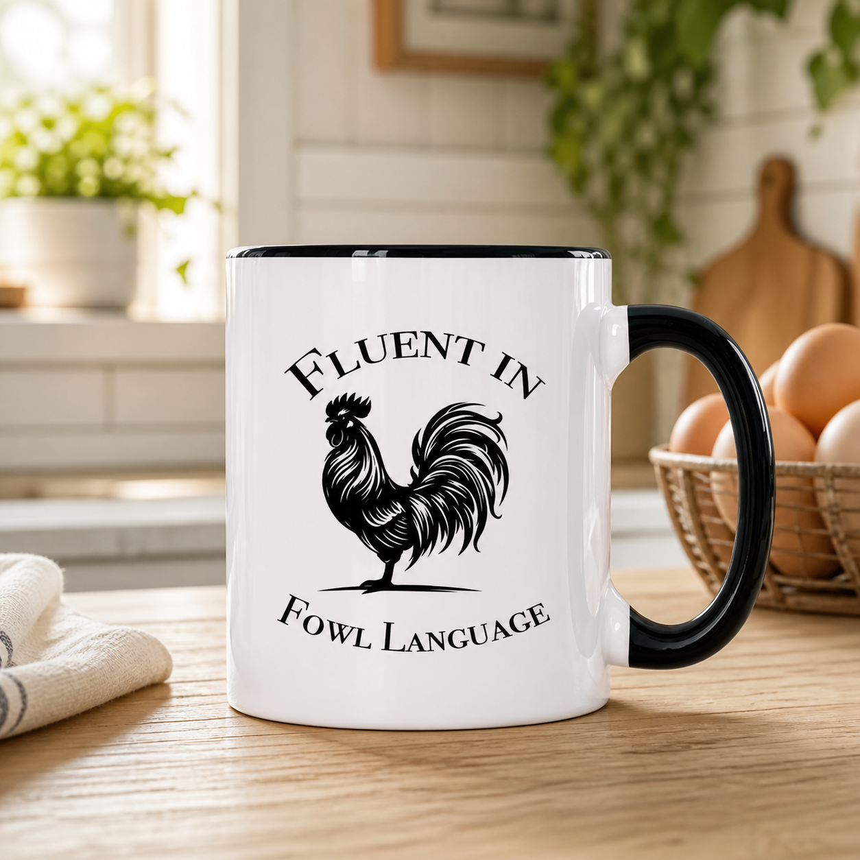 Fluent in Fowl Language black accent mug in a farmhouse kitchen