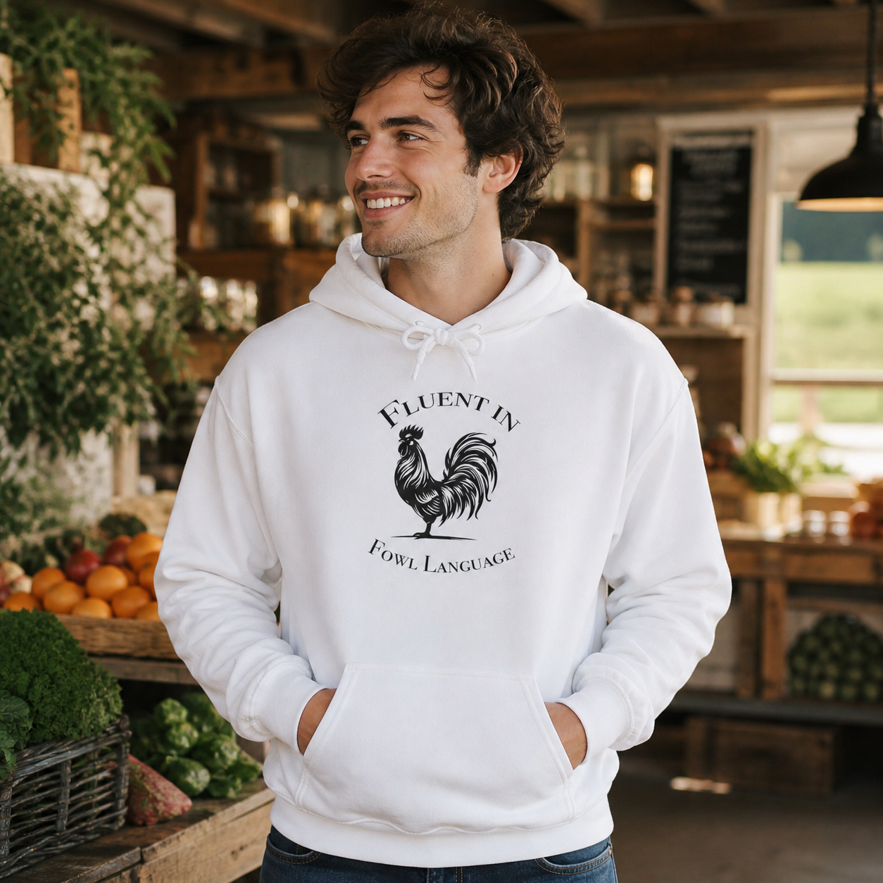 Young man wearing Fluent in Fowl Language rooster hoodie at a farm market