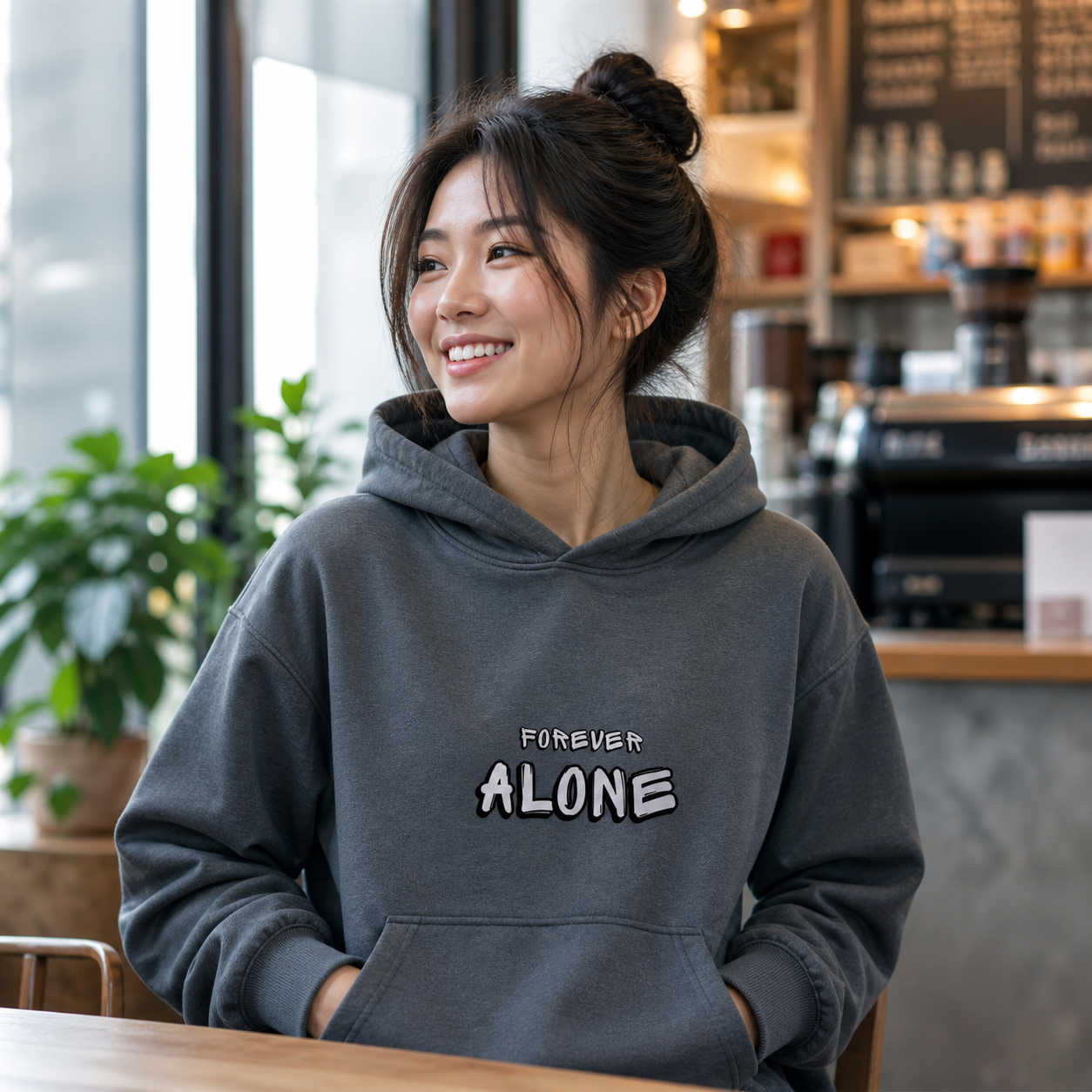Young woman wearing charcoal gray Forever Alone graphic hoodie in a cafe
