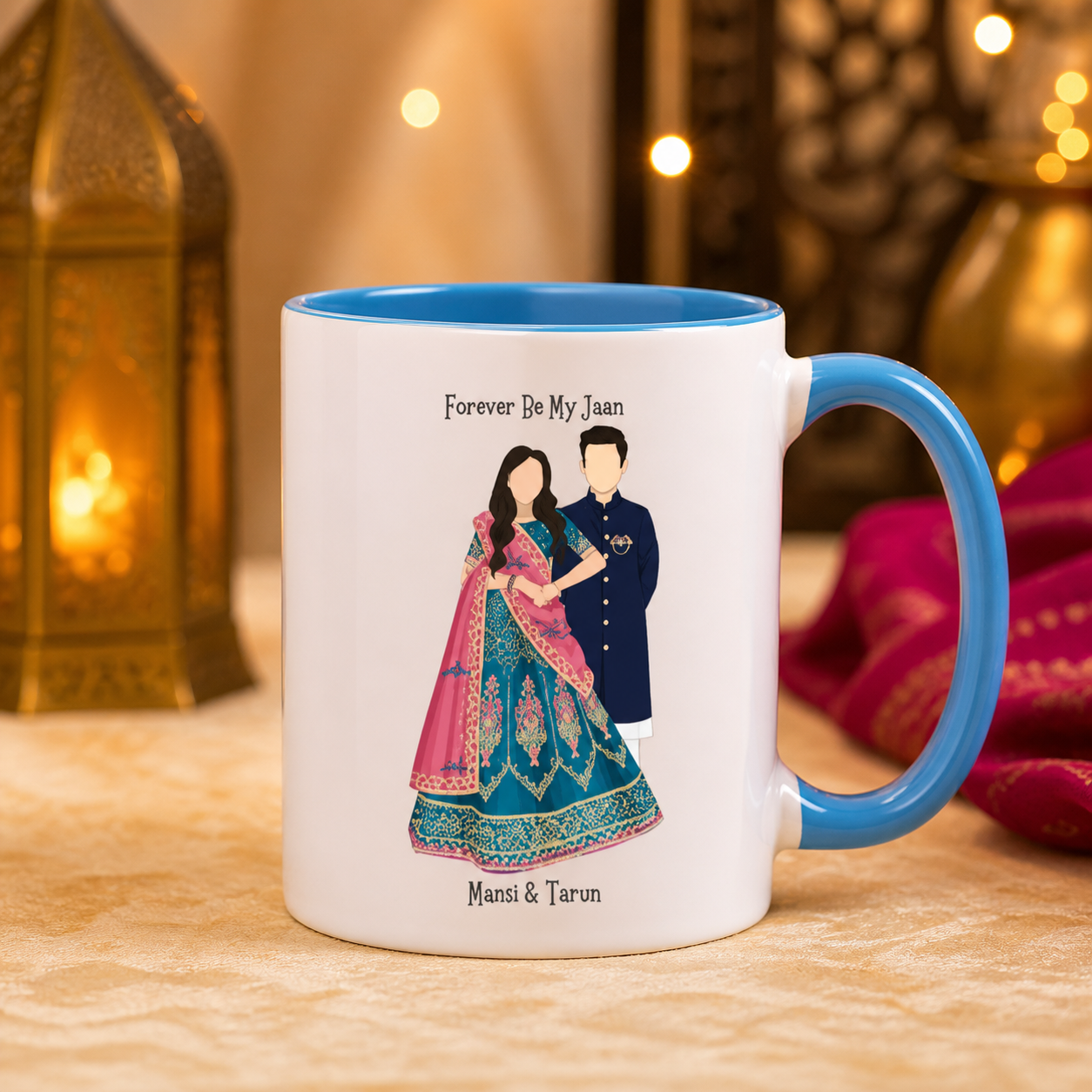 Personalized Forever Be My Jaan blue accent mug in an elegant festive setting