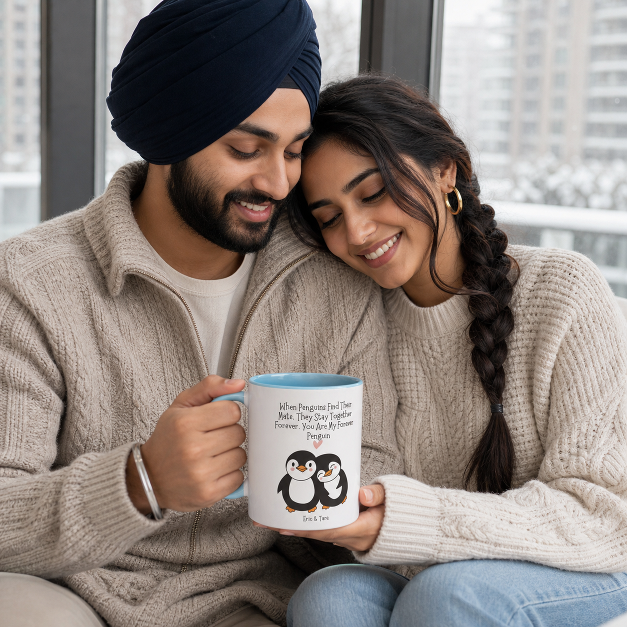 Young Sikh couple sharing a personalized light-blue-accent Forever Penguin mug